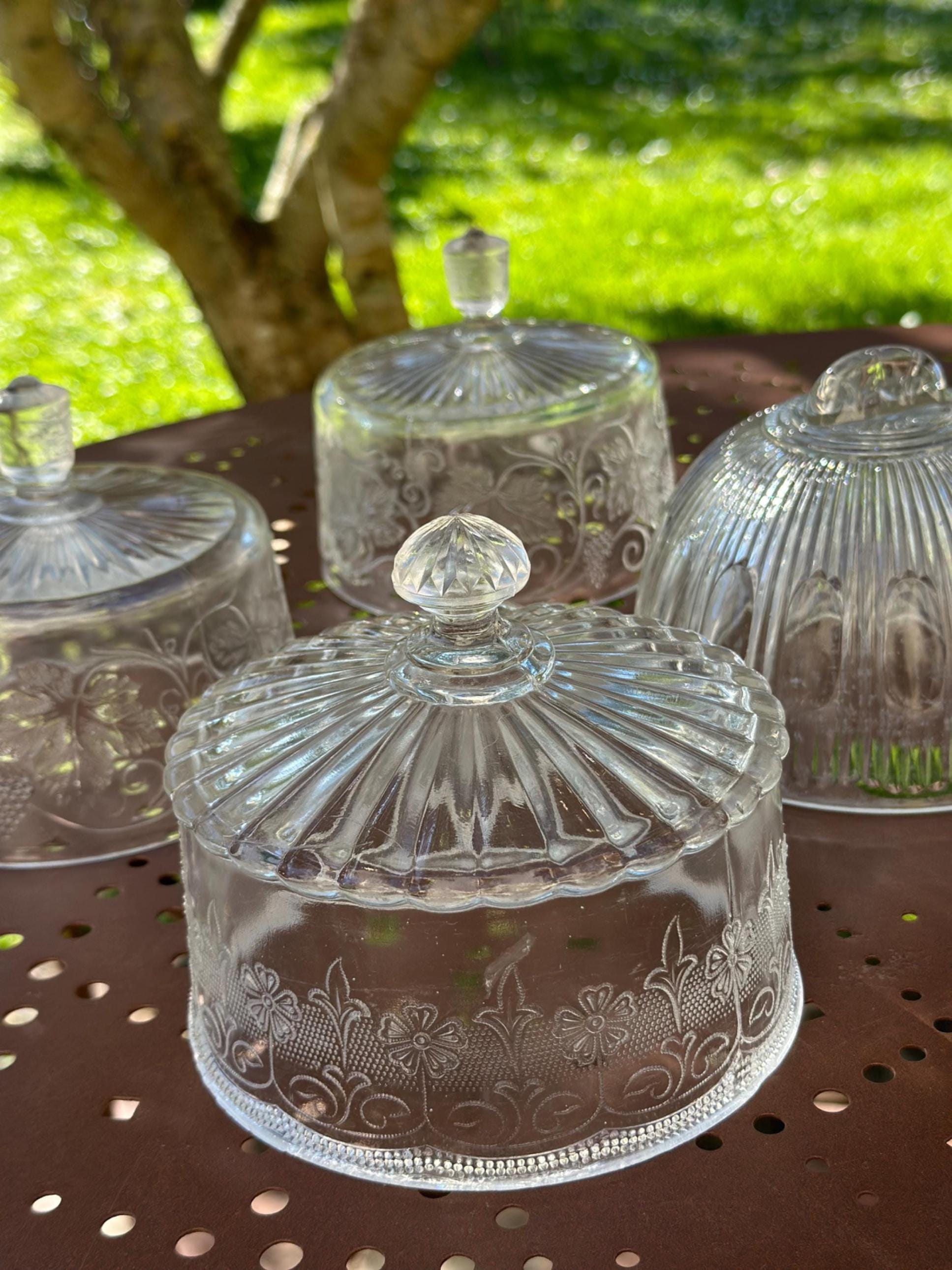 Vintage molded glass cheese cloche – Floral design