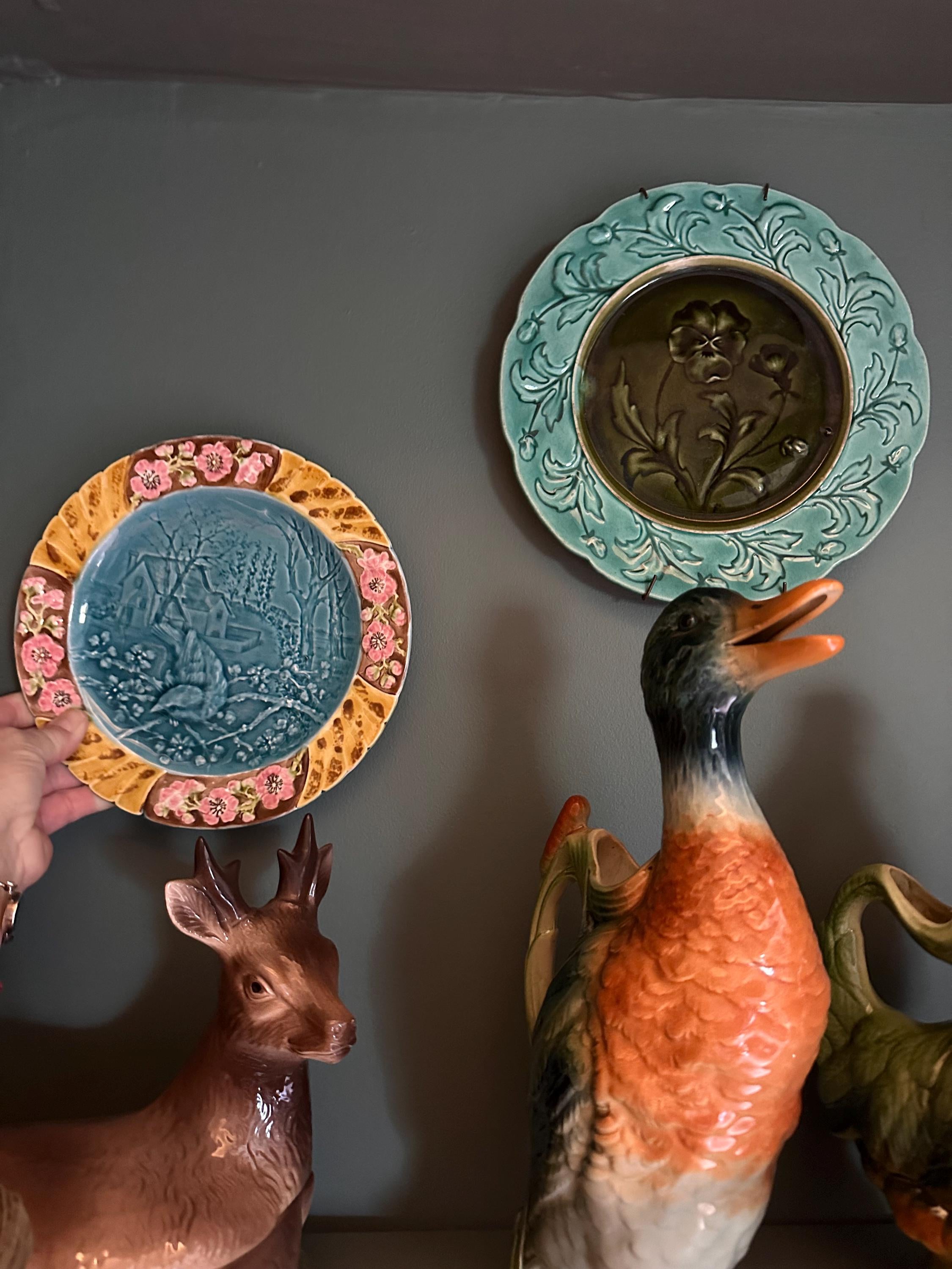 Antique majolica plate – Bird and pink floral relief decoration