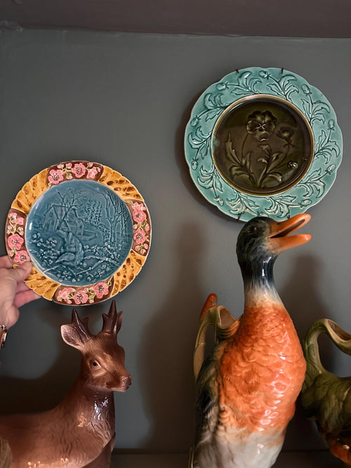 Antique majolica plate – Bird and pink floral relief decoration