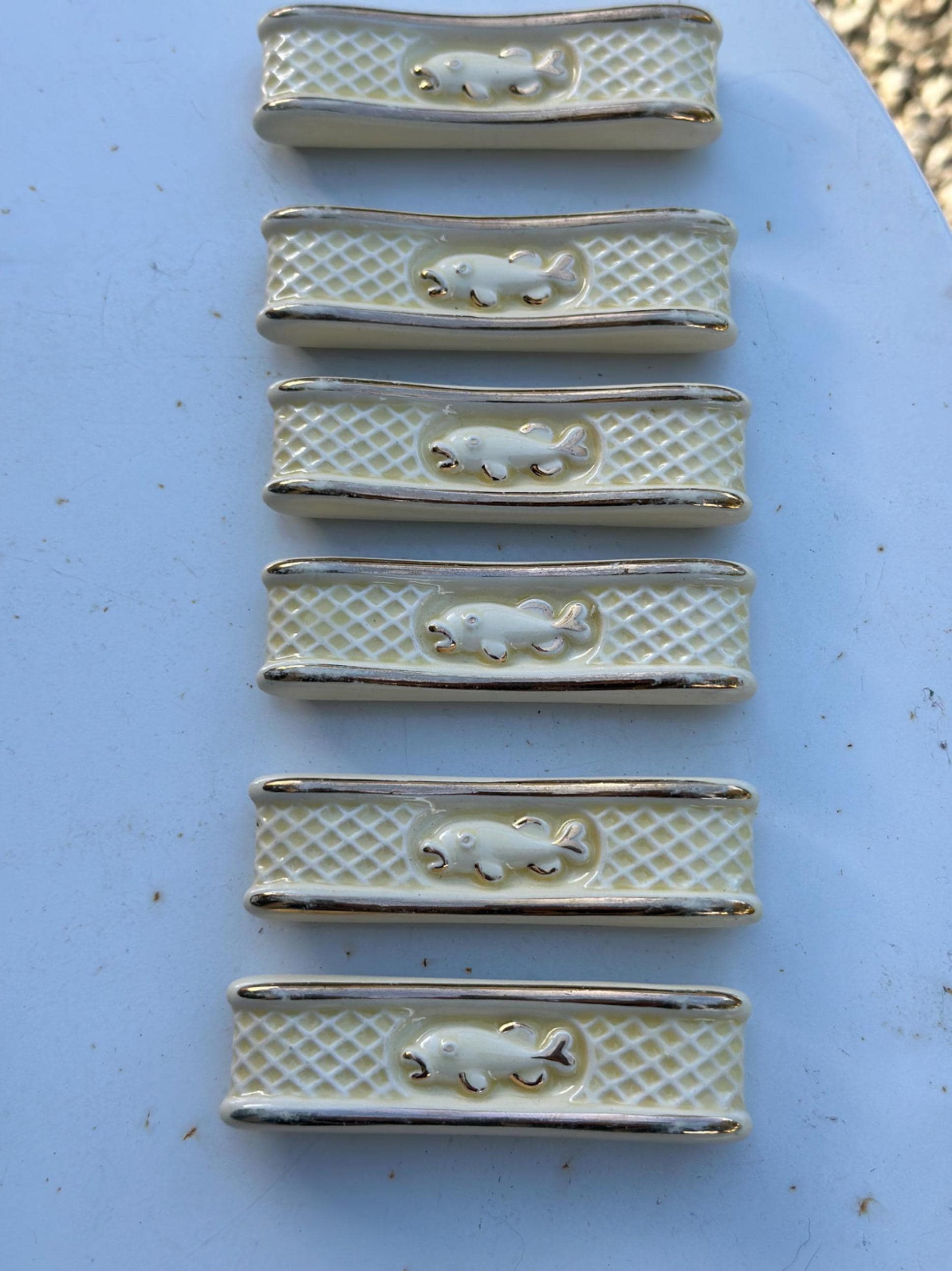 Vintage Cream and Gold Ceramic Knife Rests, Fish and Trellis Decor, Retro Tableware - set of 6