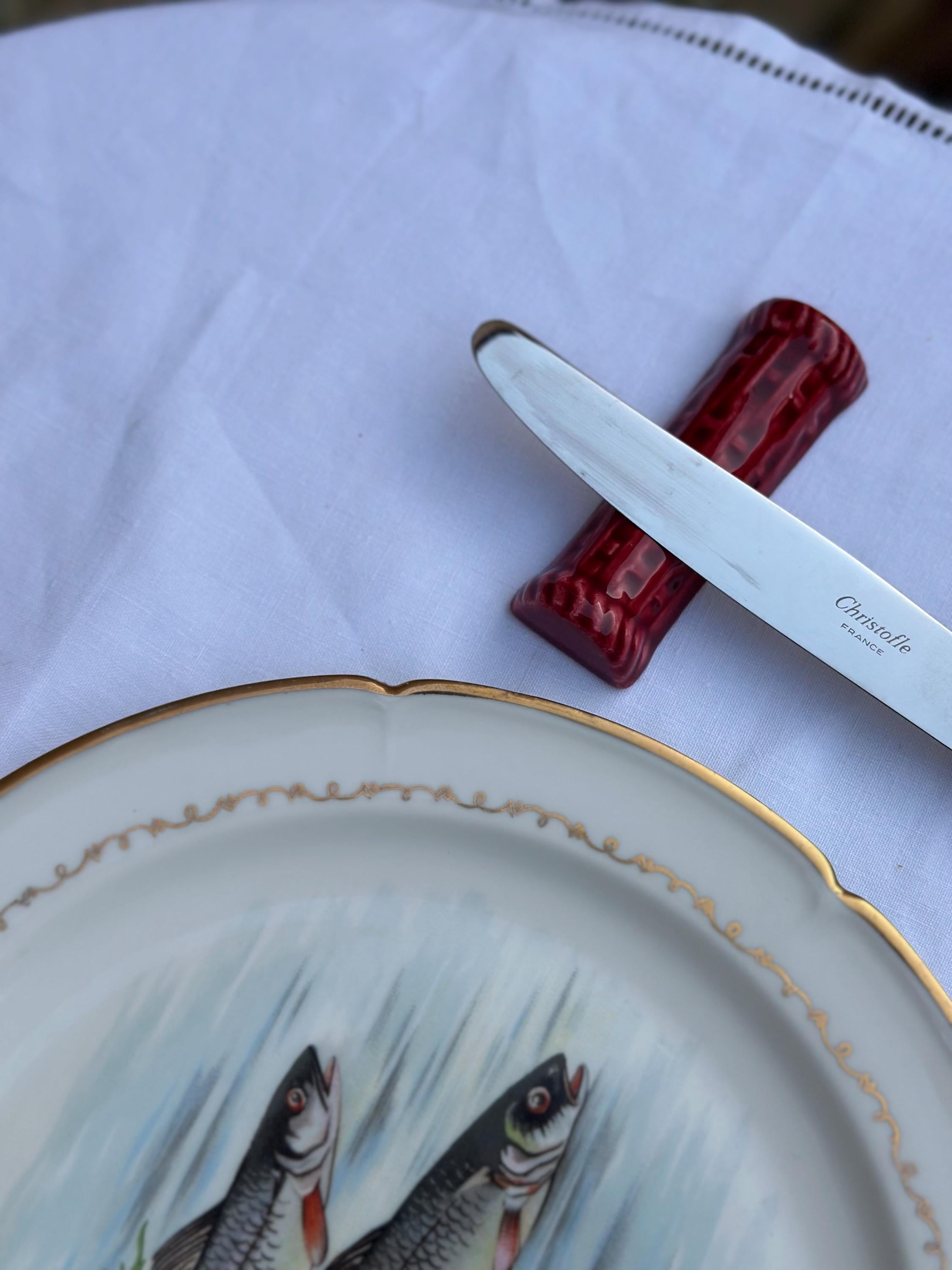 Vintage PROCERAM Aubagne Knife Rests – Oxblood Red Ceramic – Basketweave Decoration – French Tableware - Set of 6
