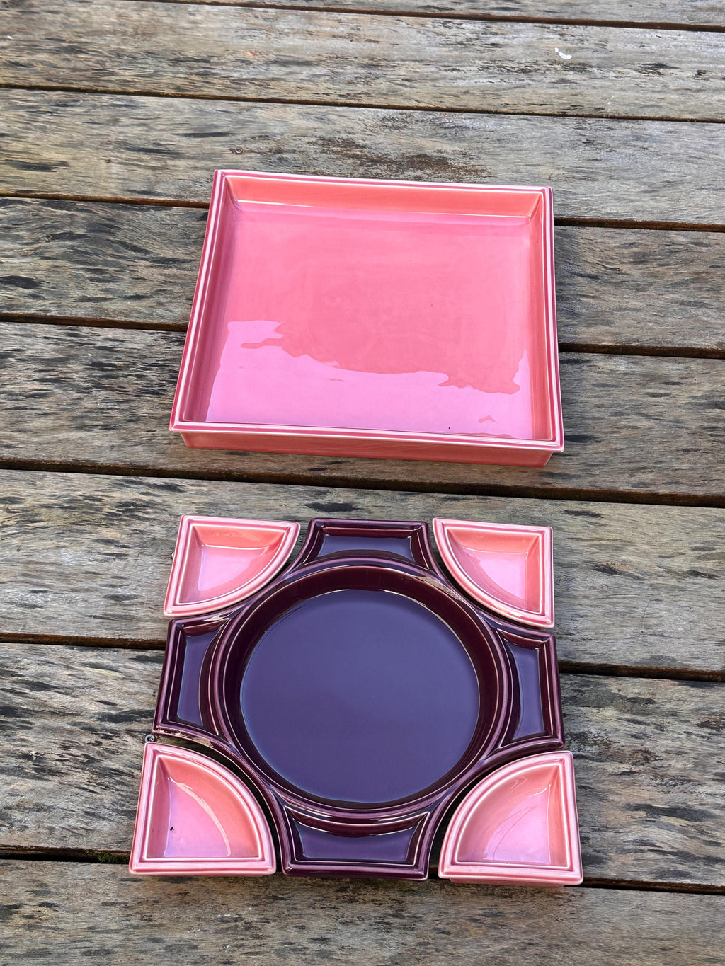 Service apéritif vintage Anthéor – Céramique géométrique rose et prune
