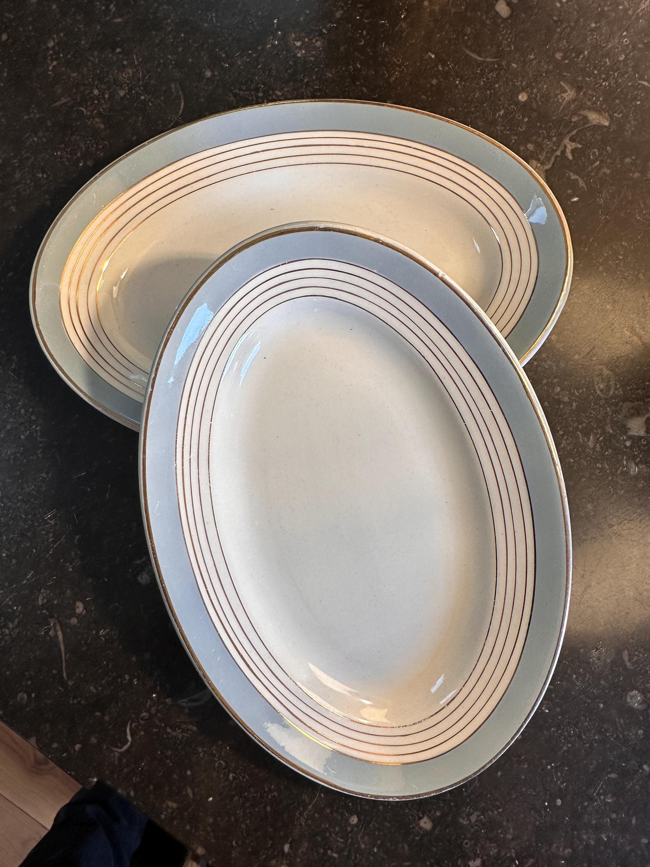 Raviers coupelles Vintage Lunéville K&G – Modèle Art Déco Demi-Porcelaine à Filets Or et Bande Bleue – France, Années 30/40 - lot de 2