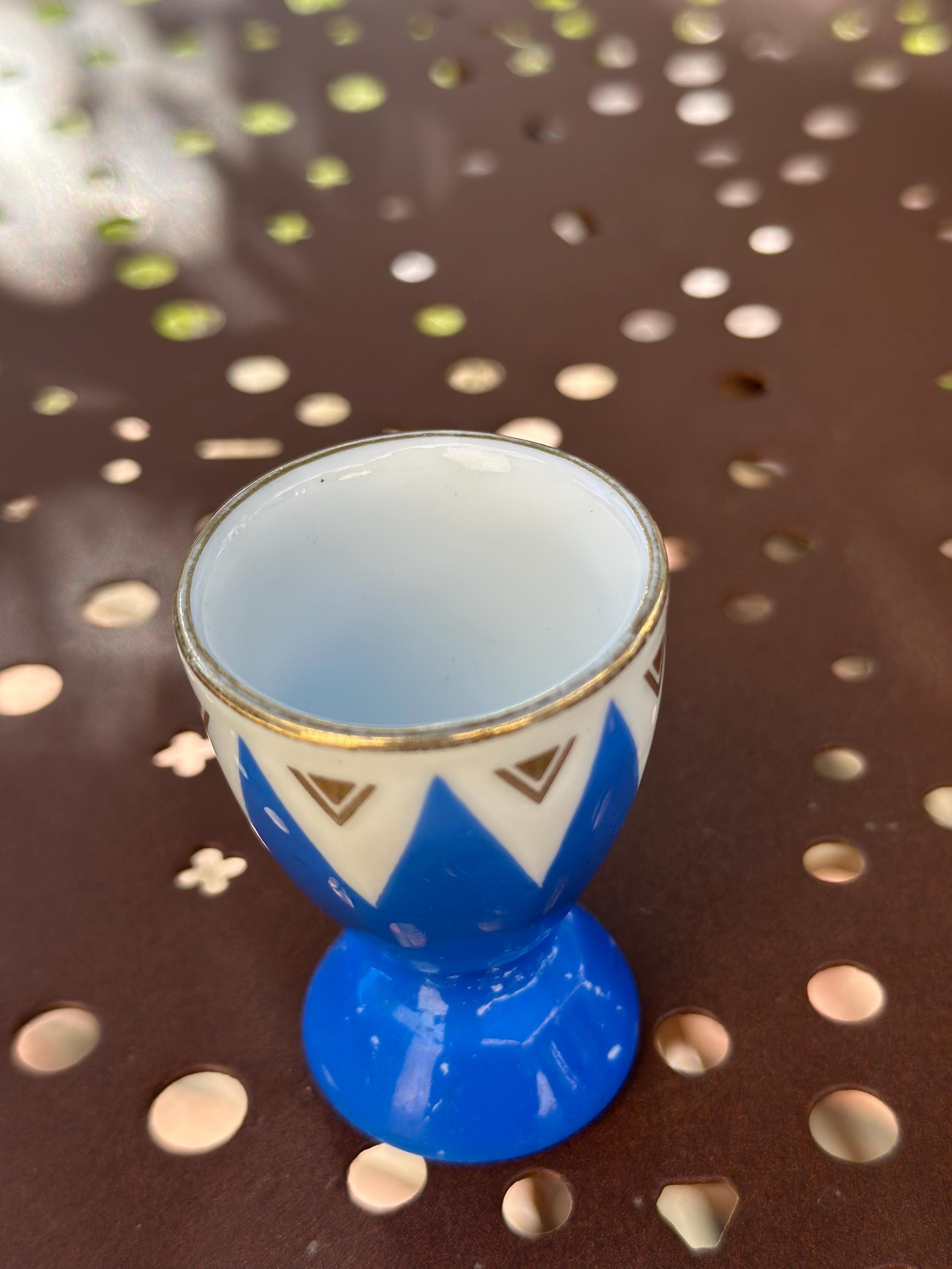 Lot de 3 Coquetiers Vintage Art Déco en Porcelaine Bleu et Or