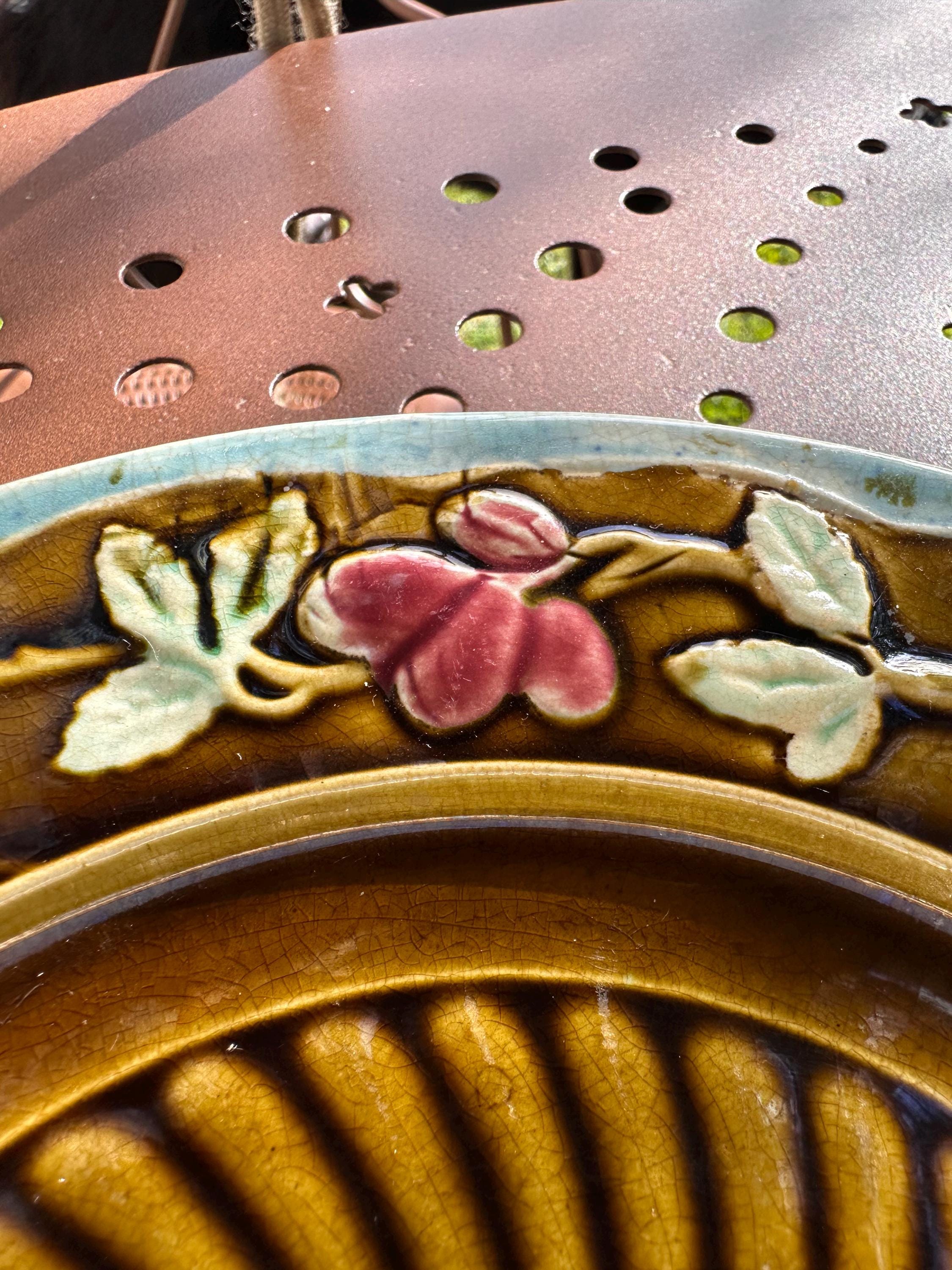 Antique majolica plate – Brown and turquoise tones, fruit motif