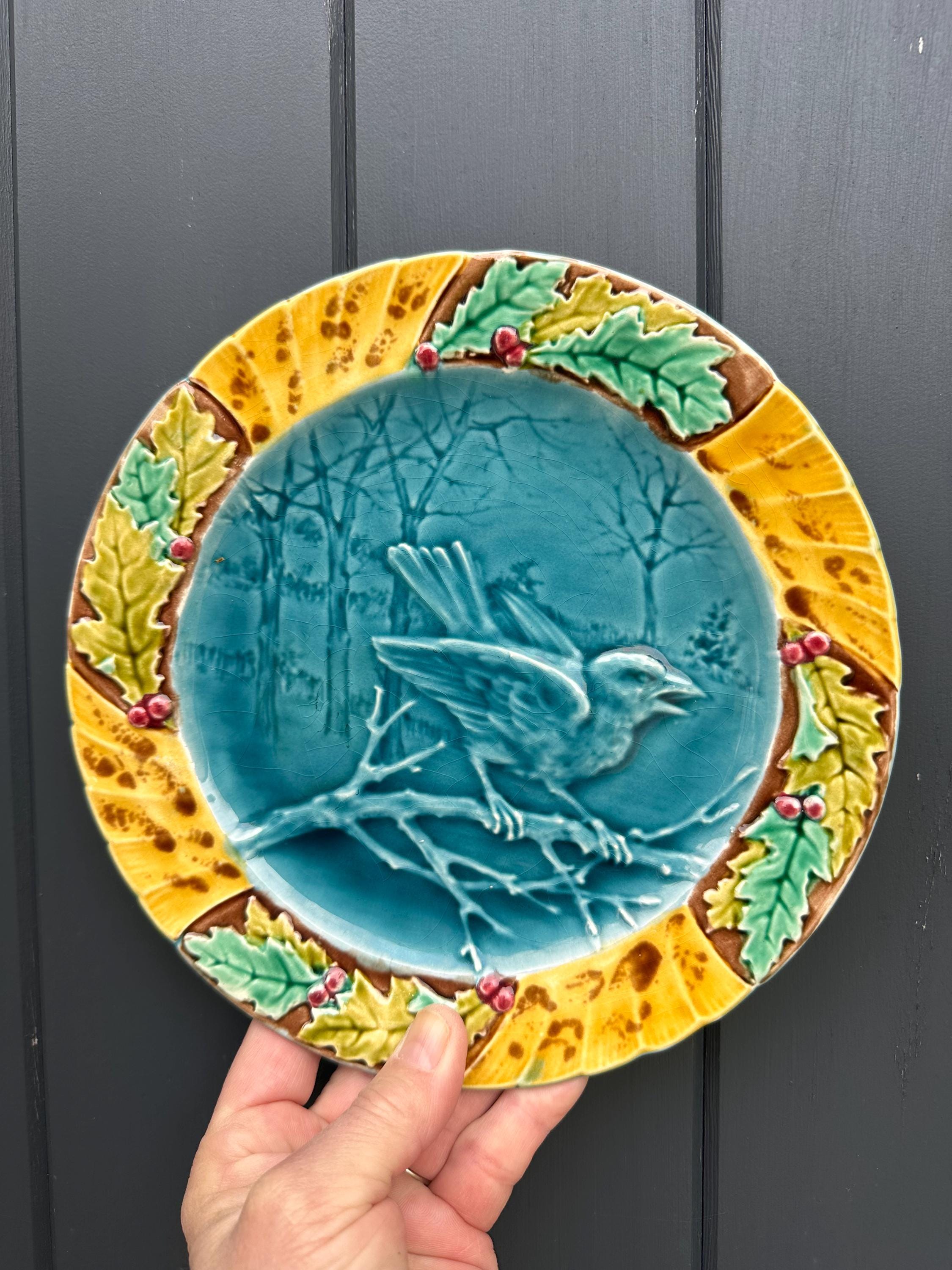 Antique Majolica Faience Plate, Sarreguemines or Onnaing, Bird and Holly Decor, Wall Collection, French 19th Century Vintage