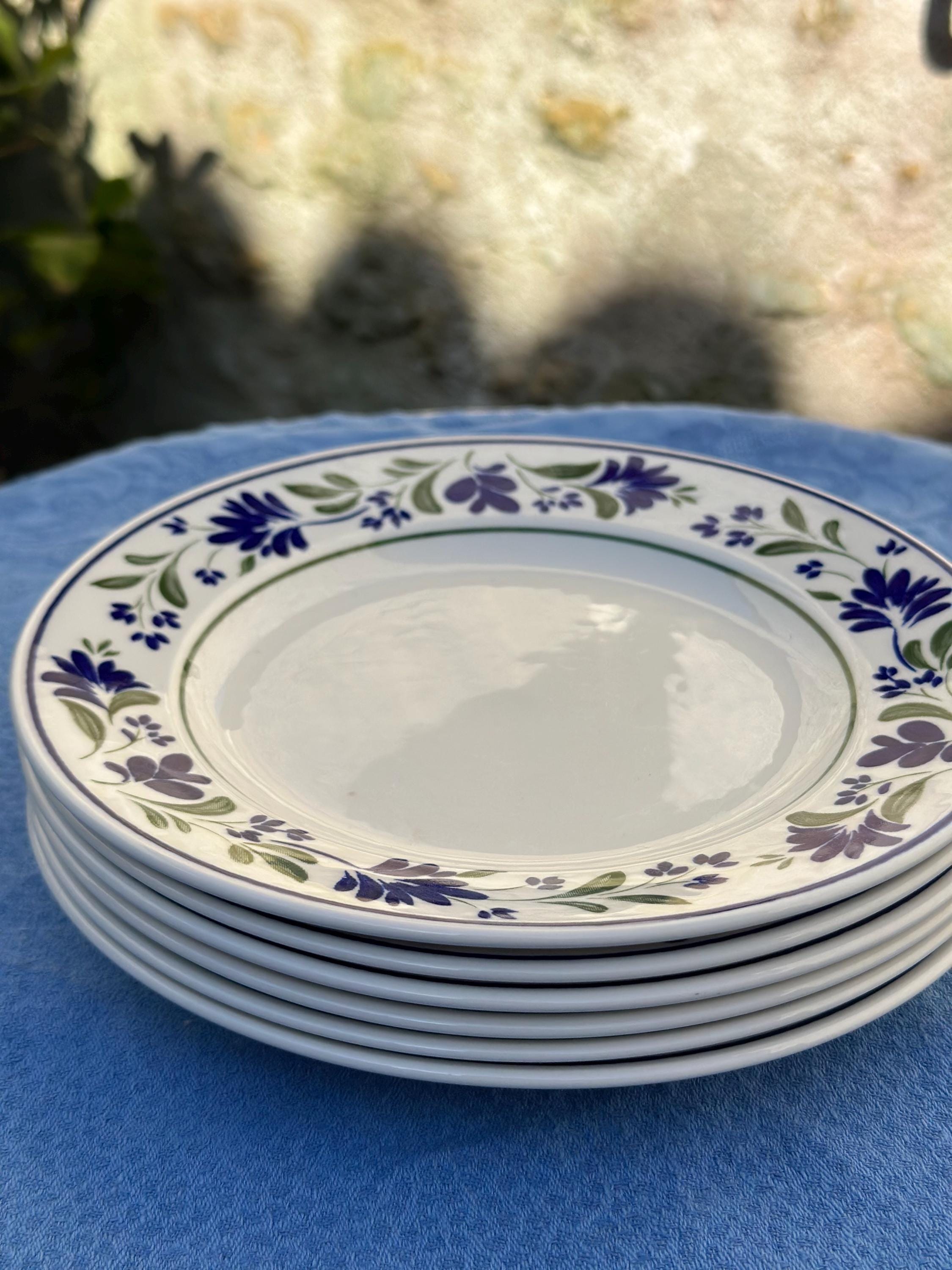 Churchill England Dessert Plates - Vintage English - Blue and Green Floral Pattern - Ironstone Made in England - Set of 6
