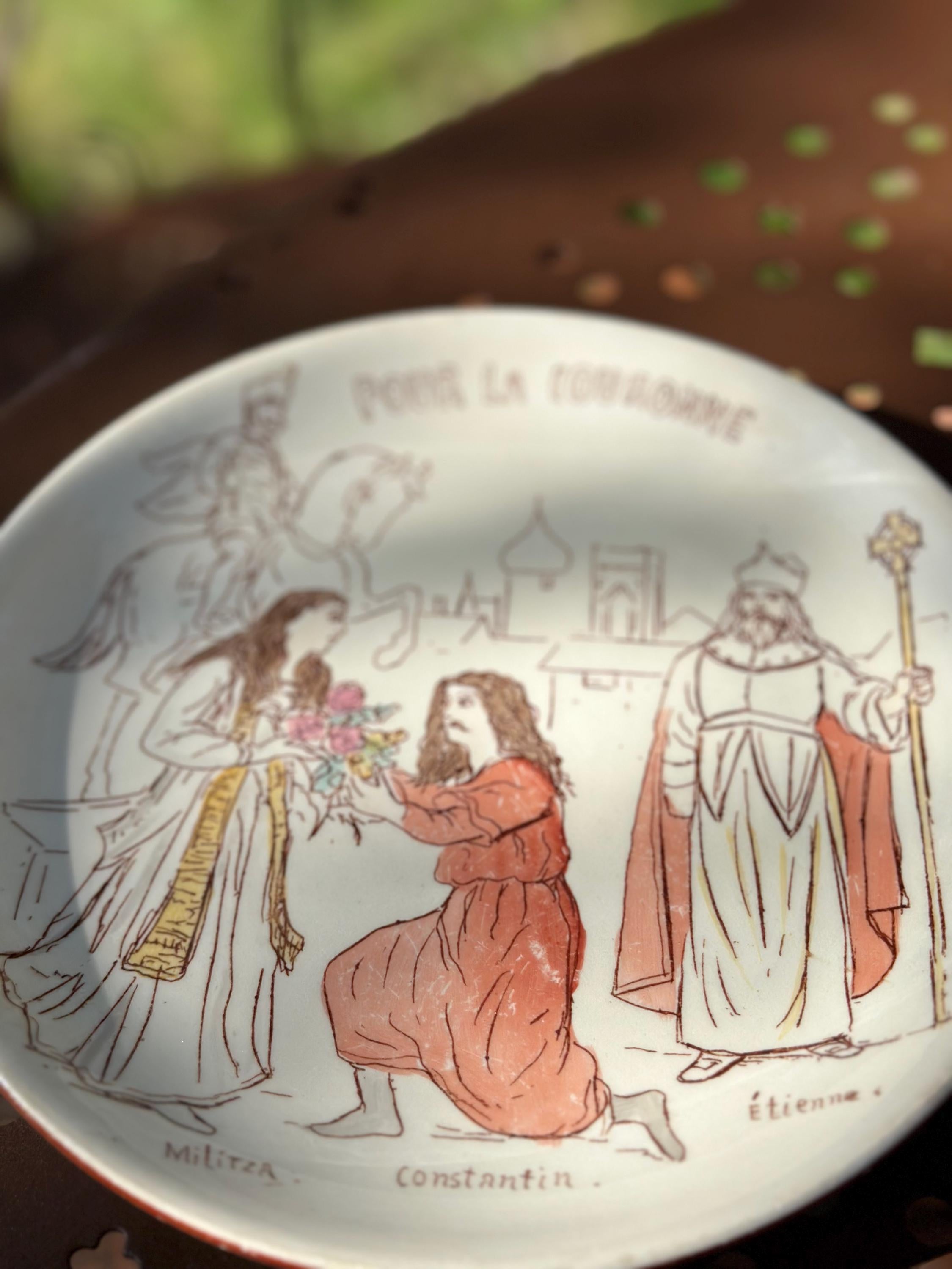 Assiettes signées Riballier  Gien  Théâtre XIX ème   . Pièces de Collection - lot de 4 assiettes parlantes