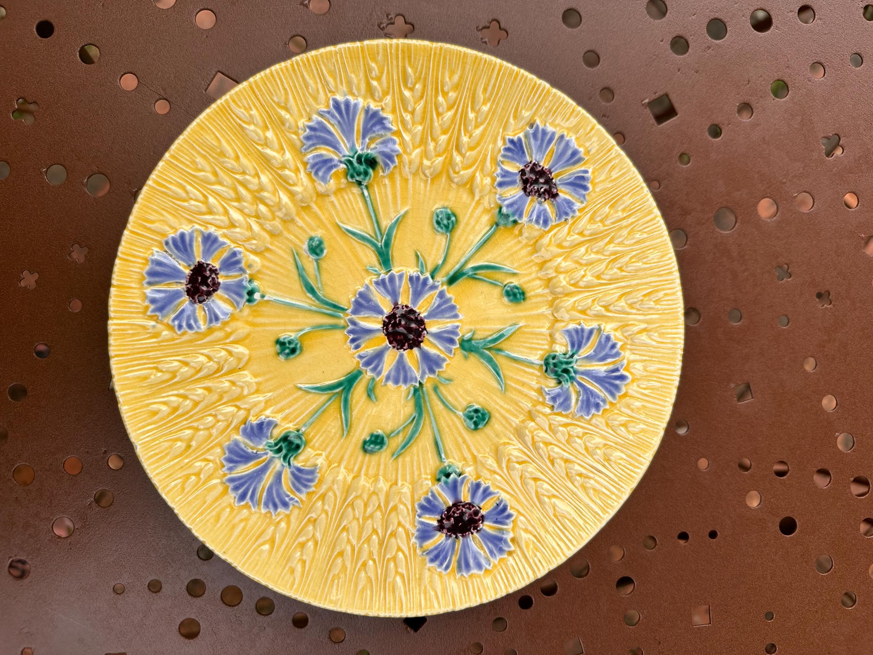 Antique yellow majolica plate – Wheat and cornflower motif