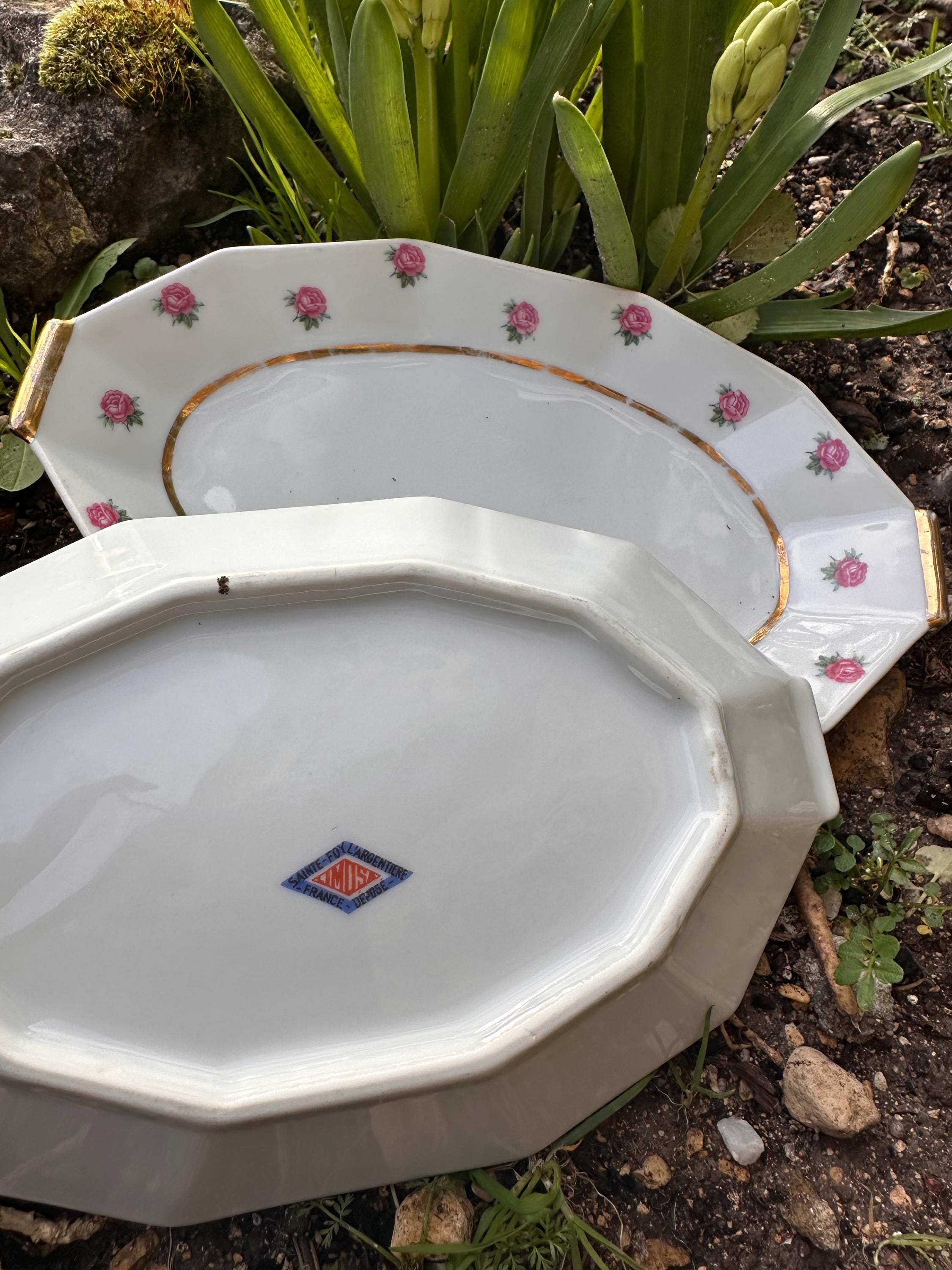 Vintage Small Oval Bowls Limousin Sainte-Foy-l'Argentière – Porcelain with Rose Decoration and Gold Rim – Shabby Chic France - Set of 2