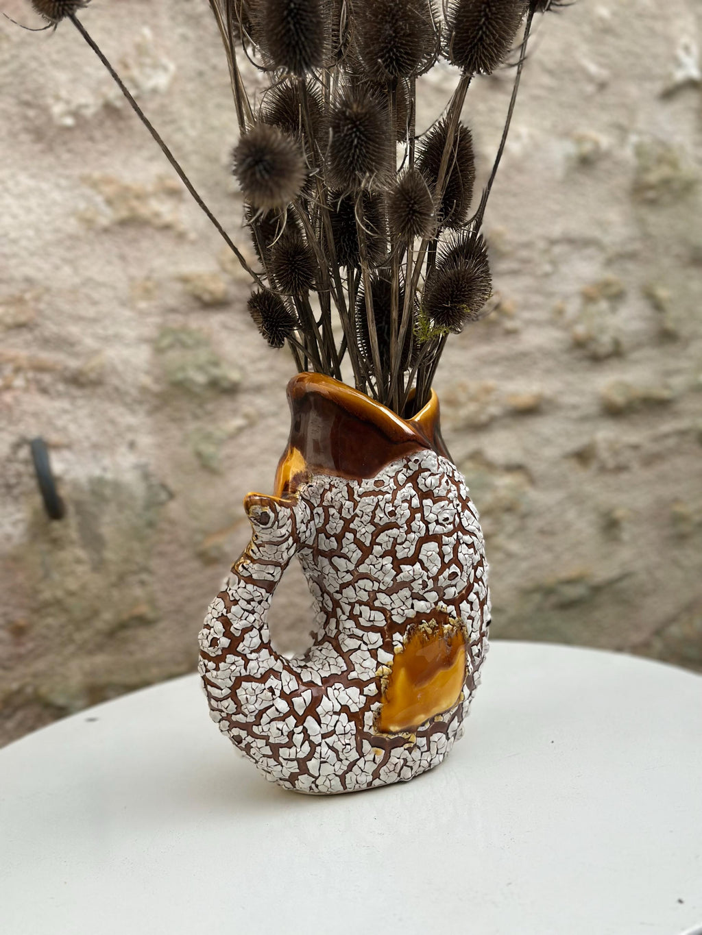 Vase pichet poisson zoomorphe – Céramique vintage marron et écume blanche