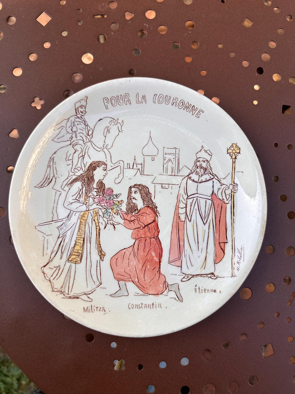 Assiettes signées Riballier  Gien  Théâtre XIX ème   . Pièces de Collection - lot de 4 assiettes parlantes