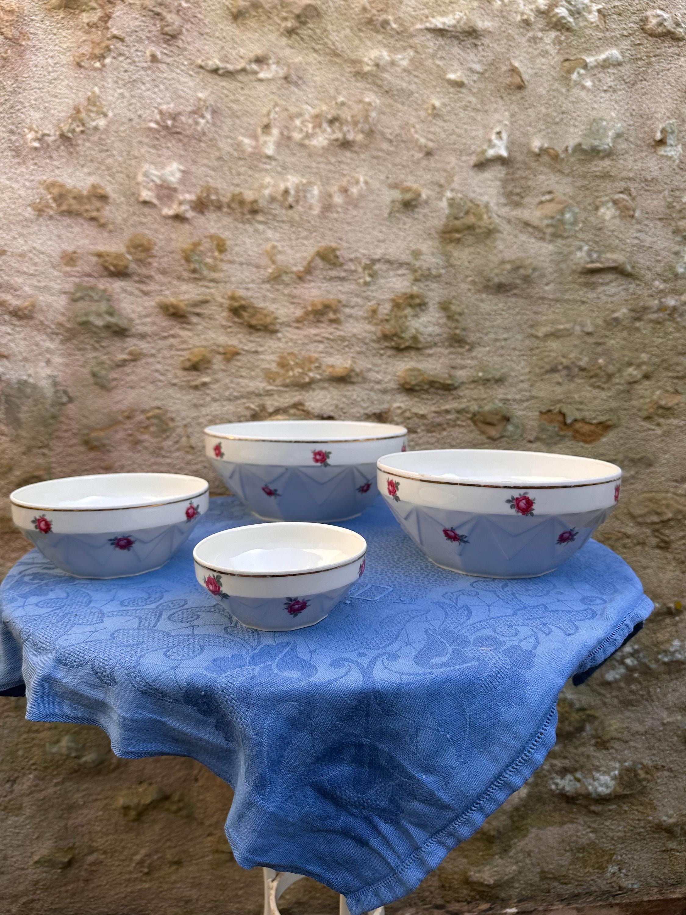 Set of 4 Vintage Porcelain Faceted Nesting Bowls with Rose Decor