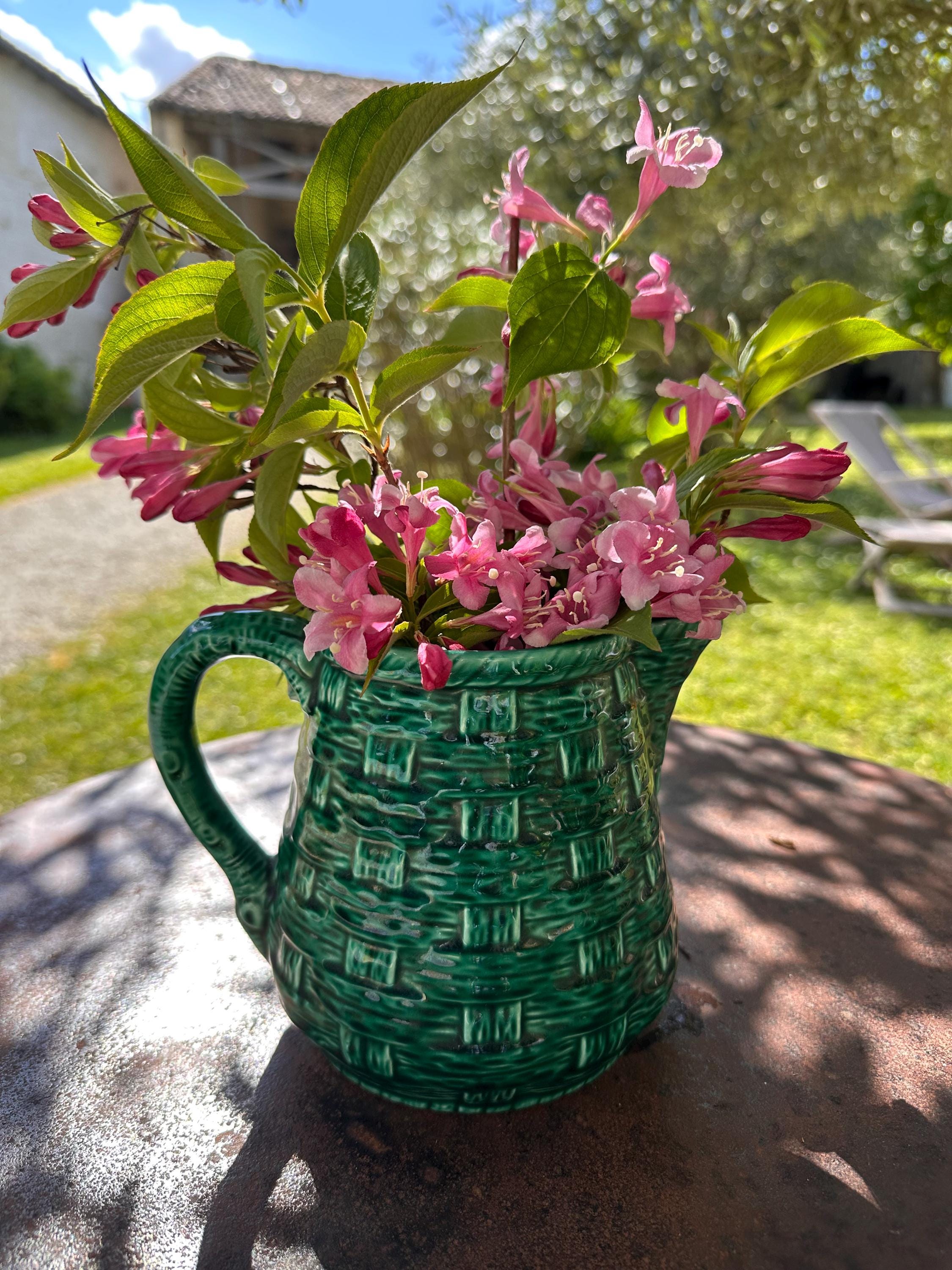 Digoin & Sarreguemines green enameled pitcher – Woven basket effect