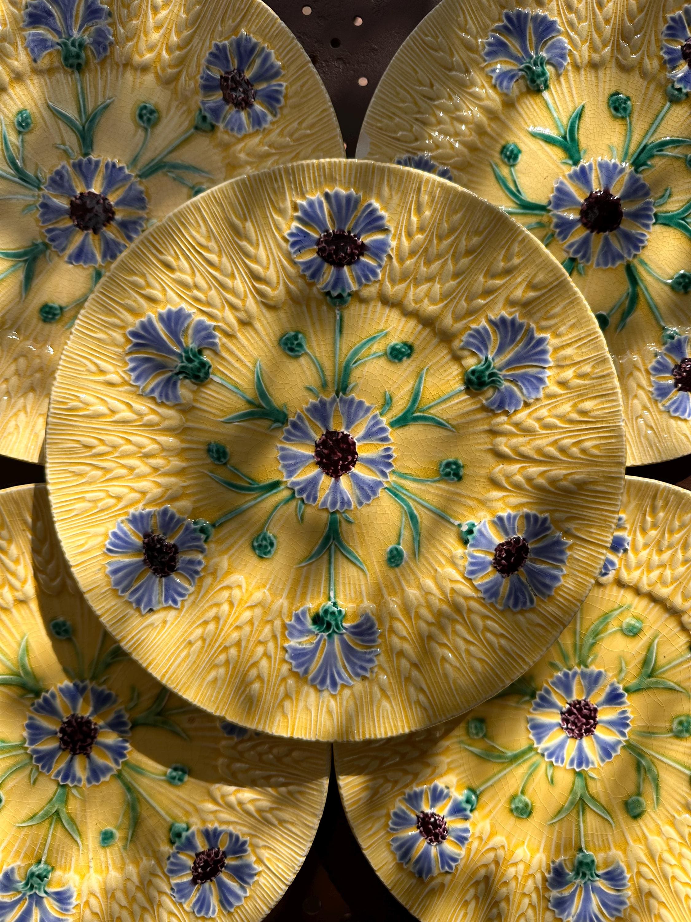 Antique yellow majolica plate – Wheat and cornflower motif
