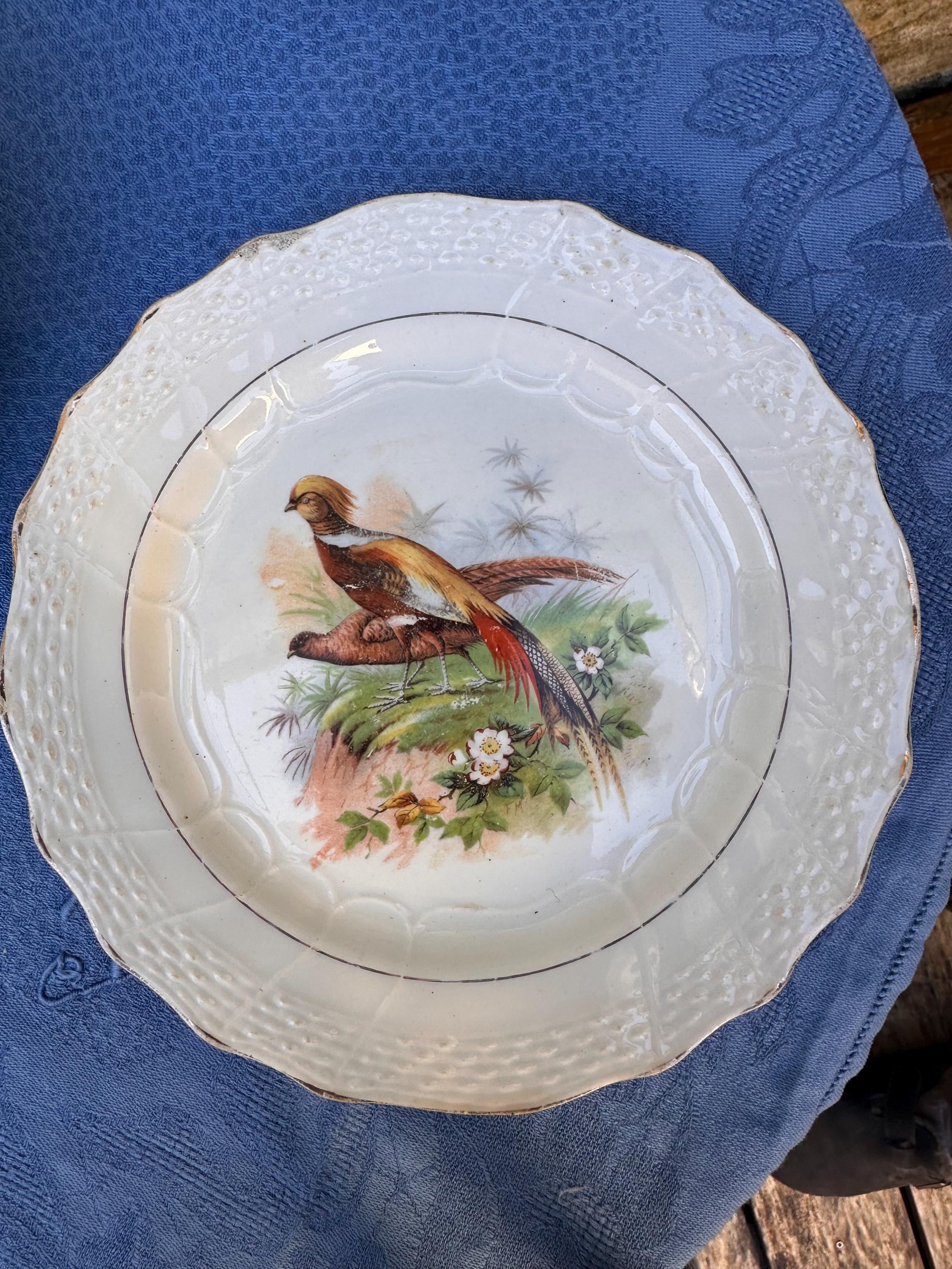 8 antique Moulin des Loups dessert plates – Pheasants design