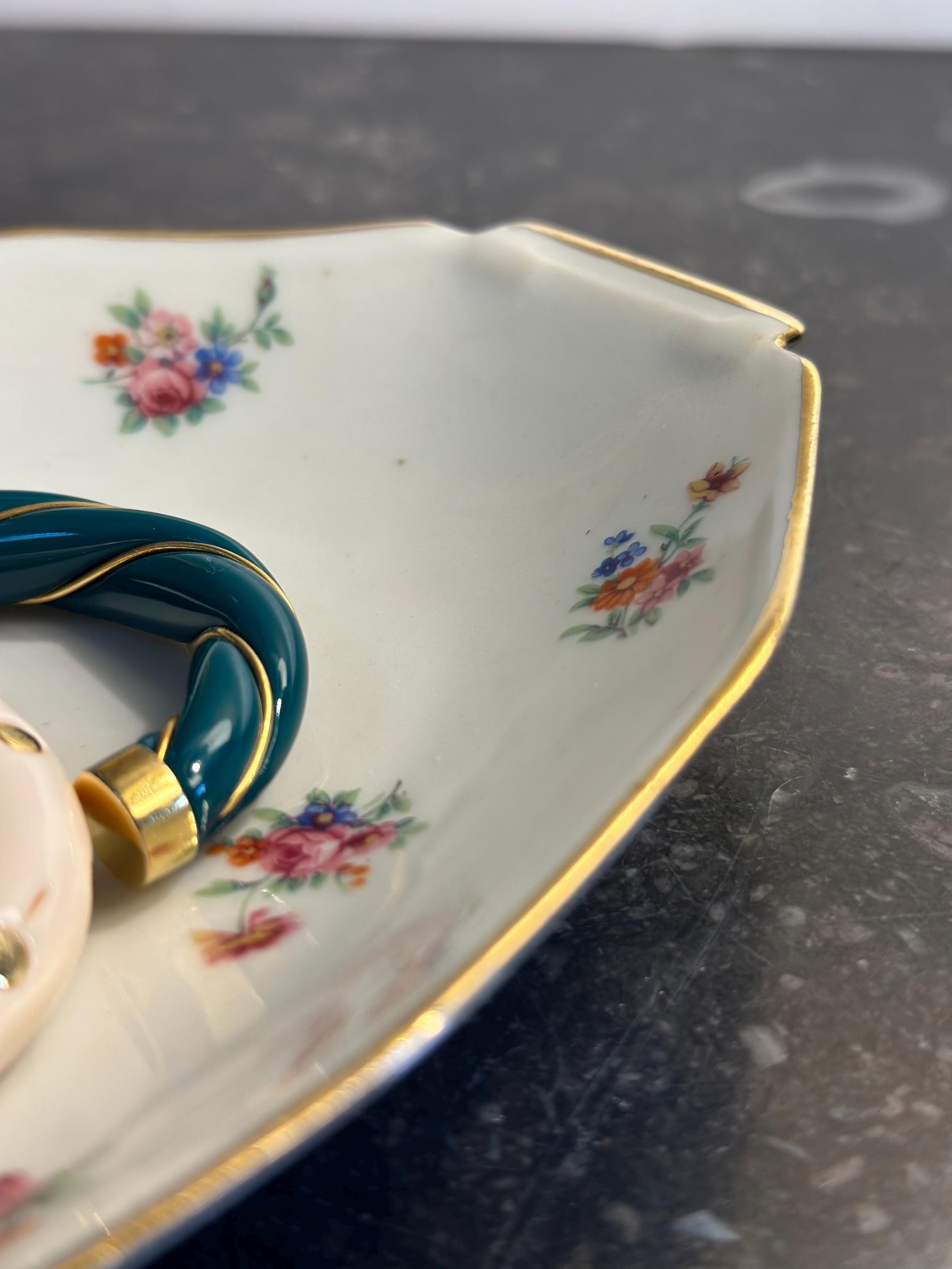 White porcelain oval serving dishes with floral decor, fine gold gilding, Shabby Chic / French Vintage Style - set of 2