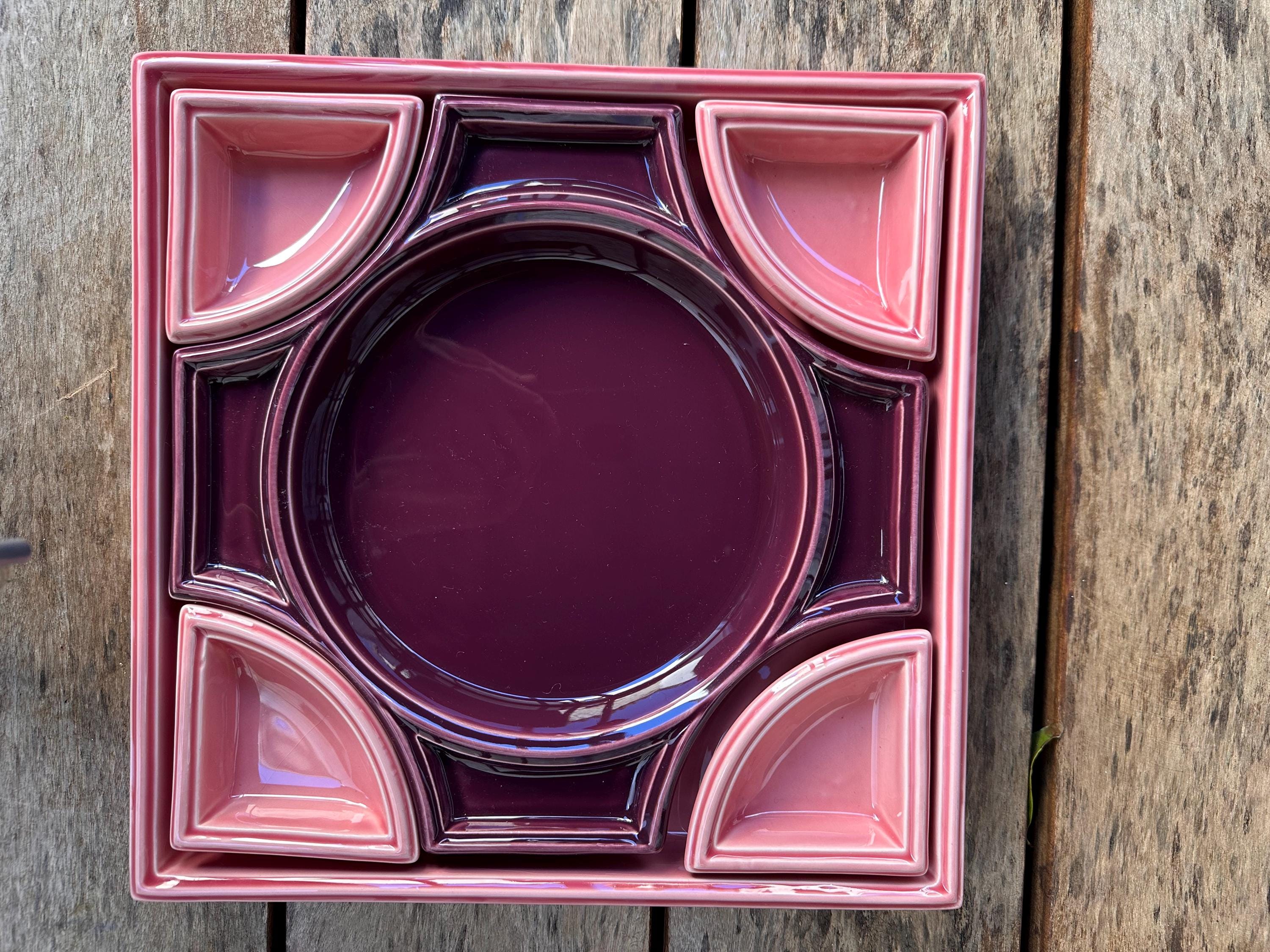 Service apéritif vintage Anthéor – Céramique géométrique rose et prune