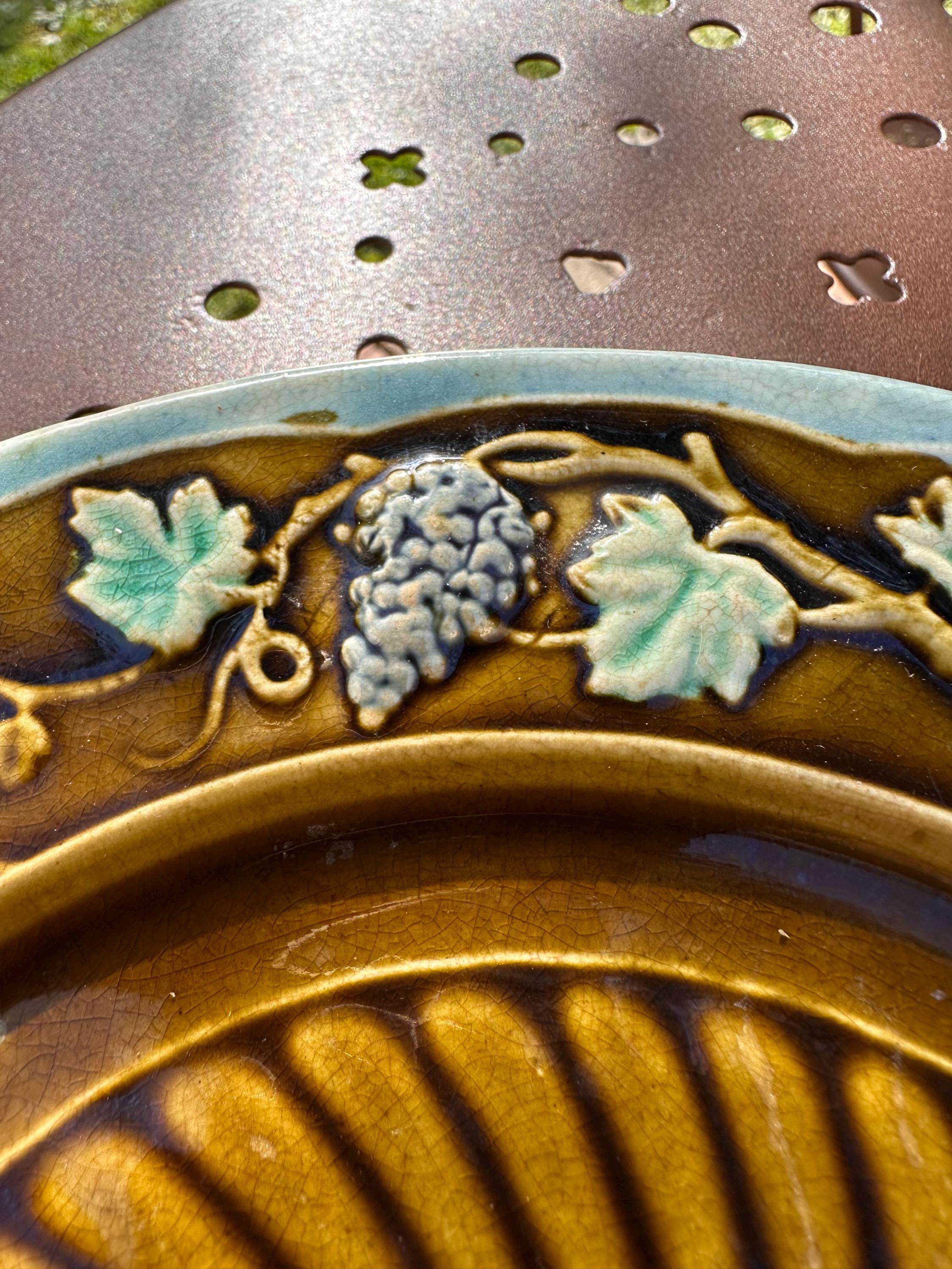 Antique majolica plate – Brown and turquoise tones, fruit motif