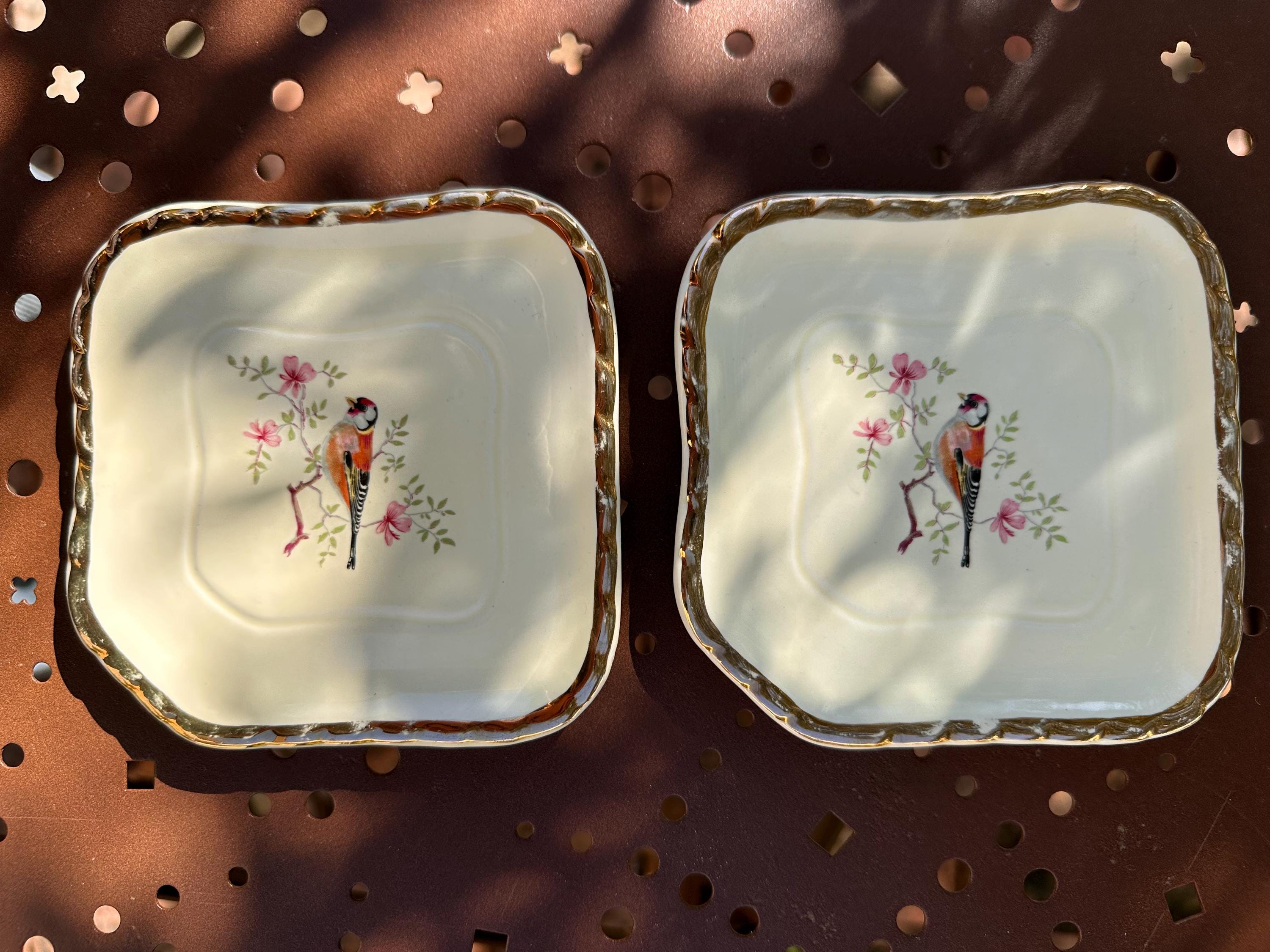 Salins - Bottle Coasters SALINS France vintage – Earthenware and Gilt Edge with goldfinch and floral decoration - set of 2