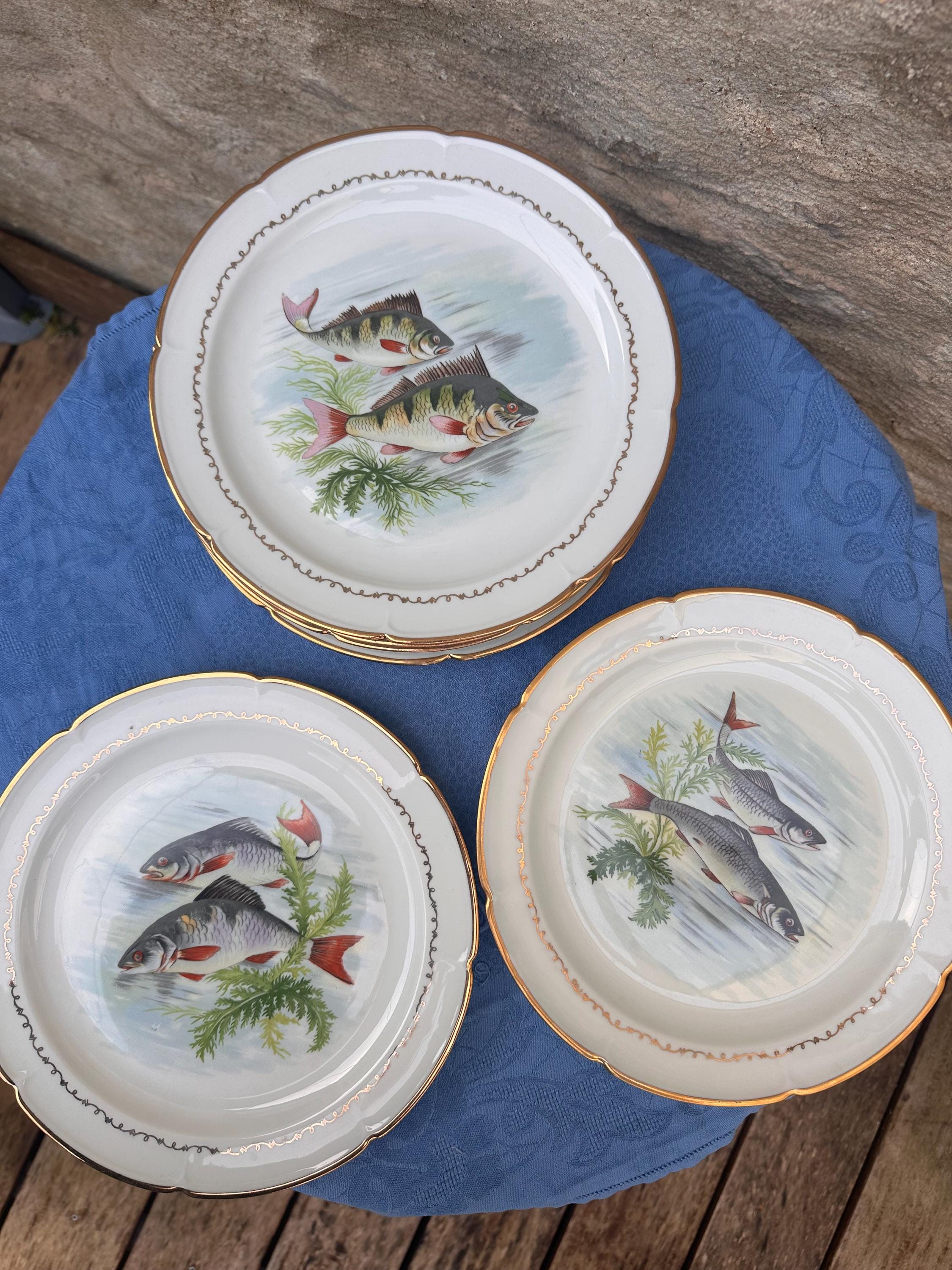6 assiettes à poisson anciennes en porcelaine – Décors aquatiques
