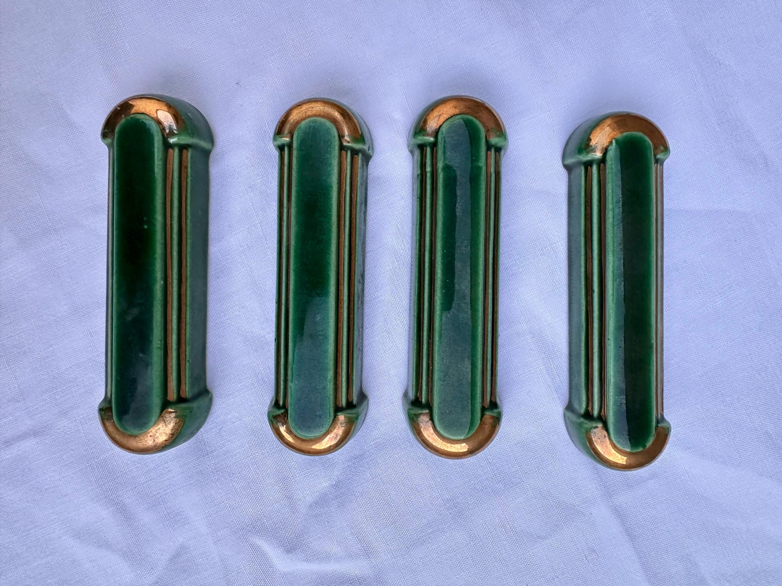 Set of 4 antique Art Deco knife rests – Emerald green and gold ceramic