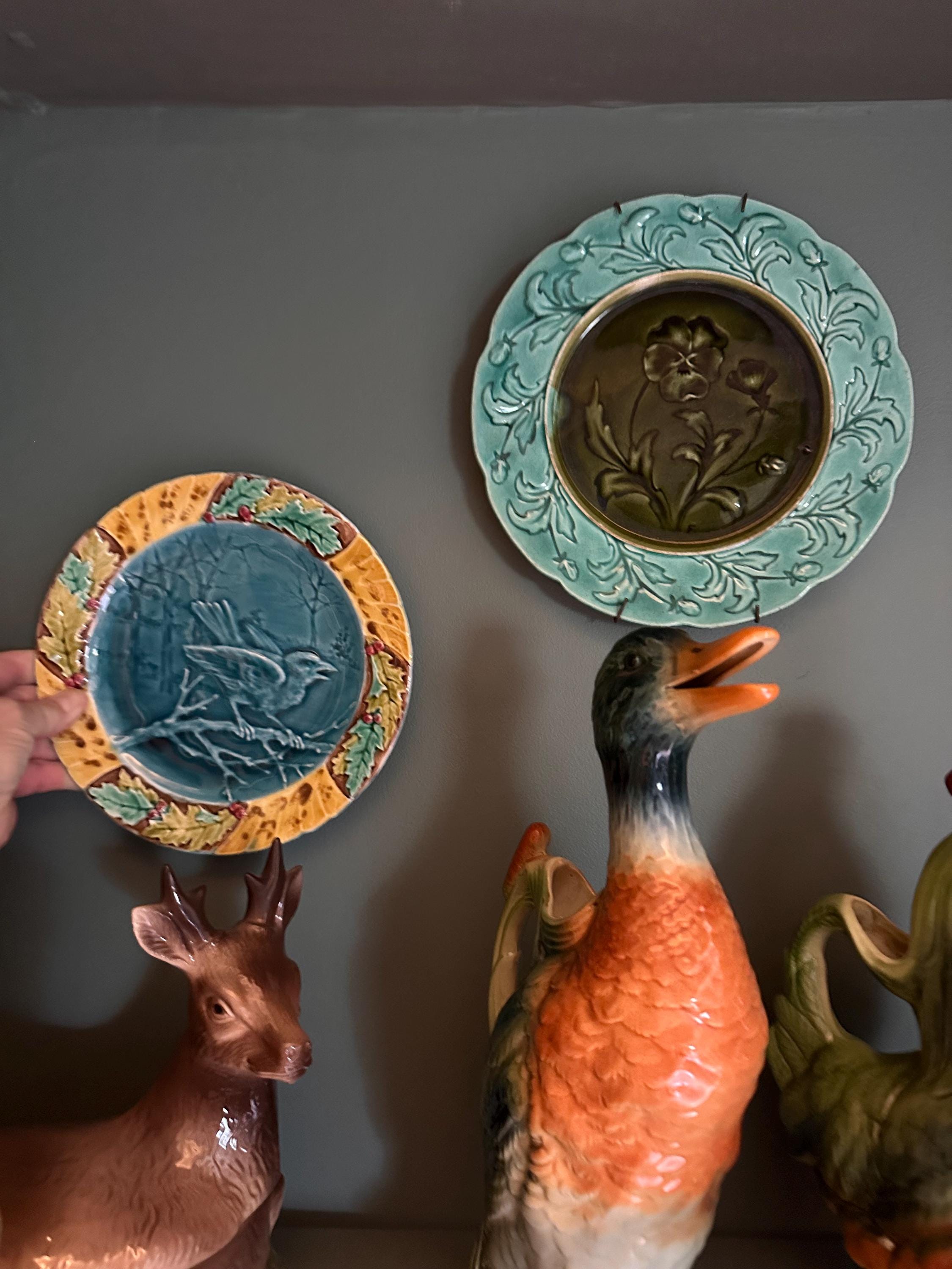 Antique Majolica Faience Plate, Sarreguemines or Onnaing, Bird and Holly Decor, Wall Collection, French 19th Century Vintage