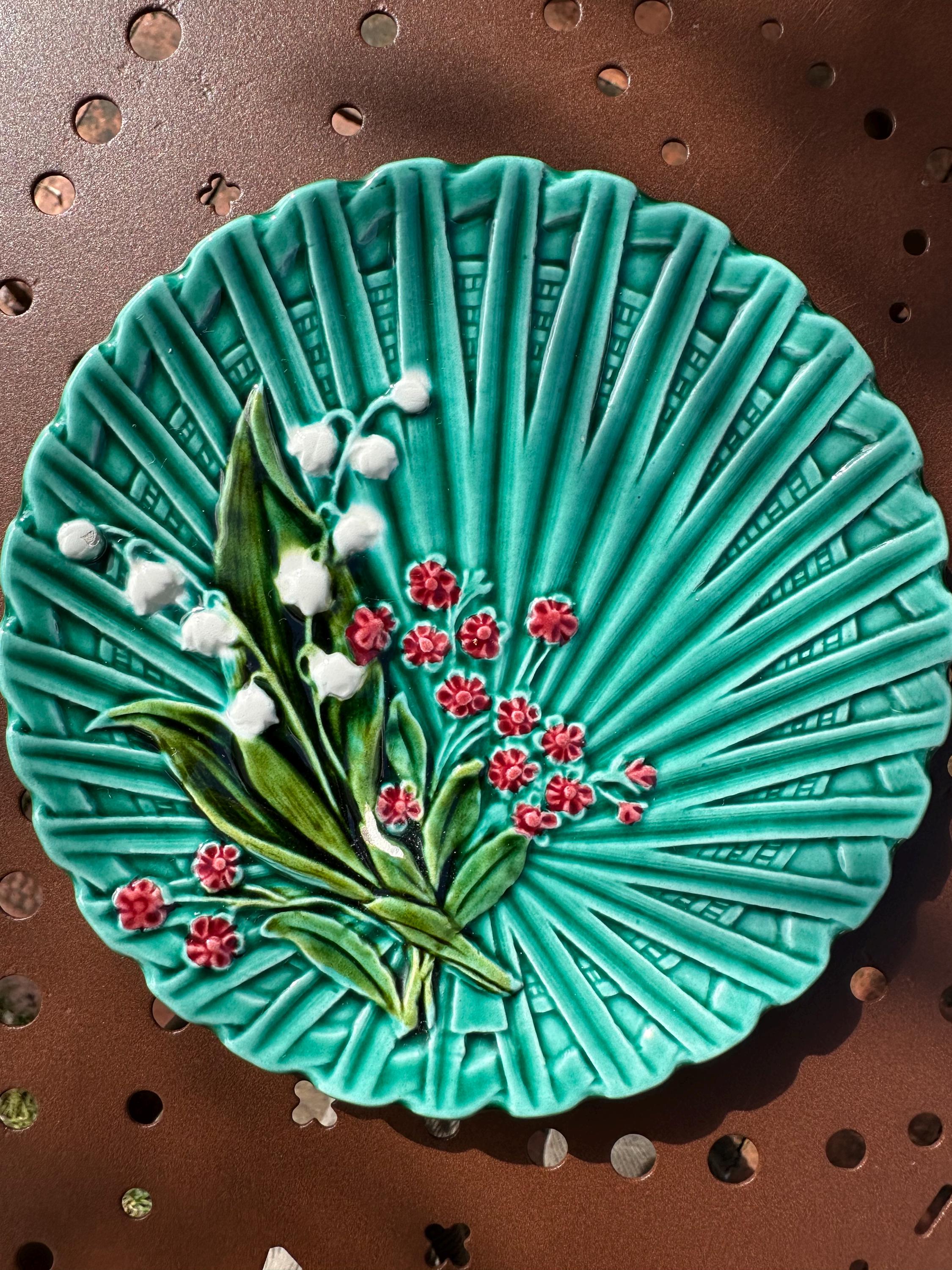 Antique Schramberg majolica plate in green – Lily of the Valley in relief