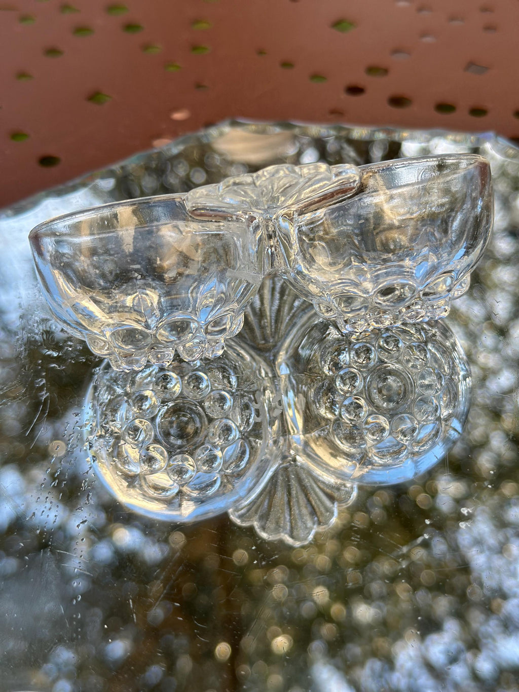 Salières Doubles Anciennes en Verre Moulé - Détournables en Bougeoirs de Table - Style Art Déco -Pointes de Diamant-Hobnail - lot de 2