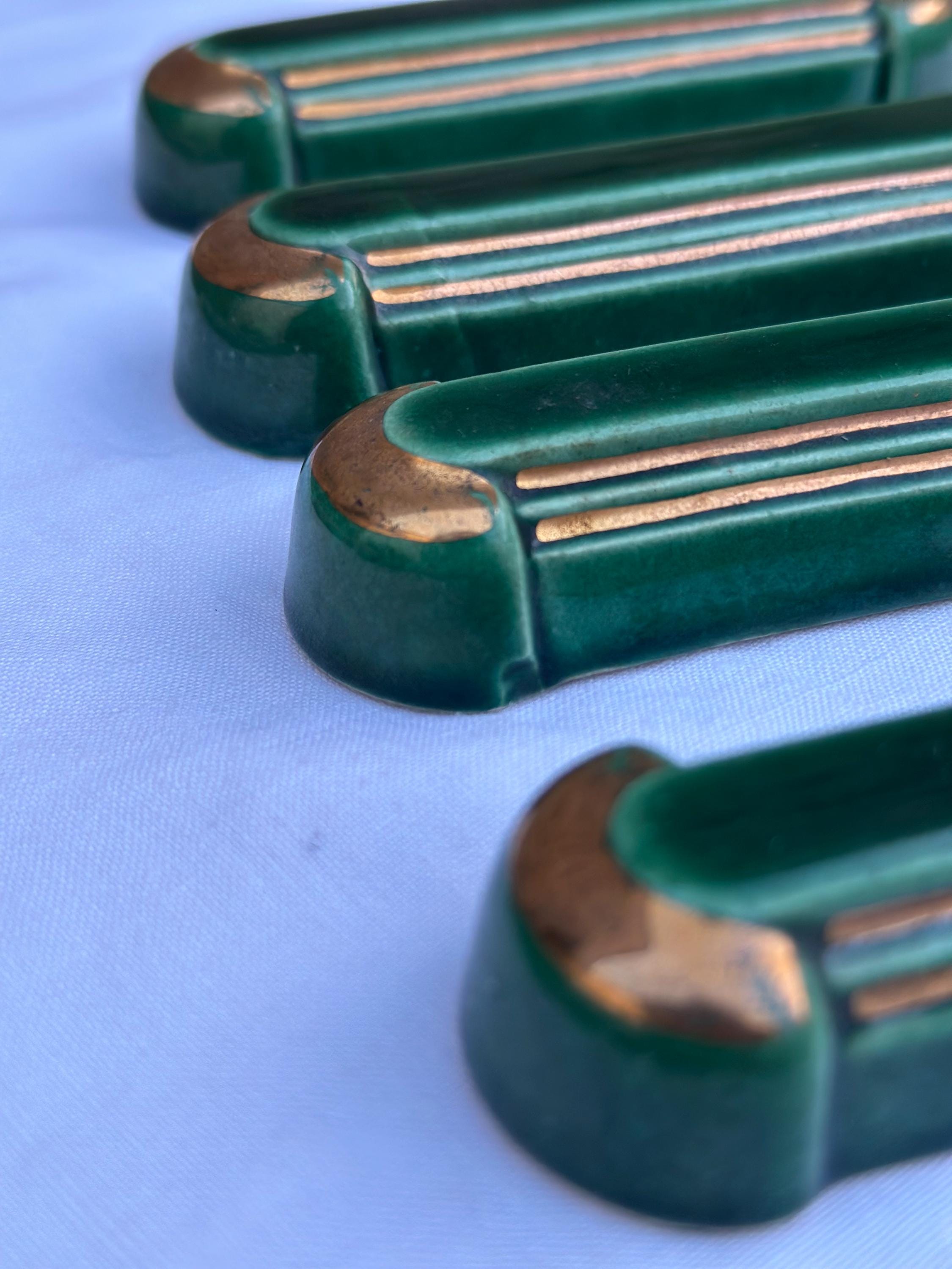 Set of 4 antique Art Deco knife rests – Emerald green and gold ceramic