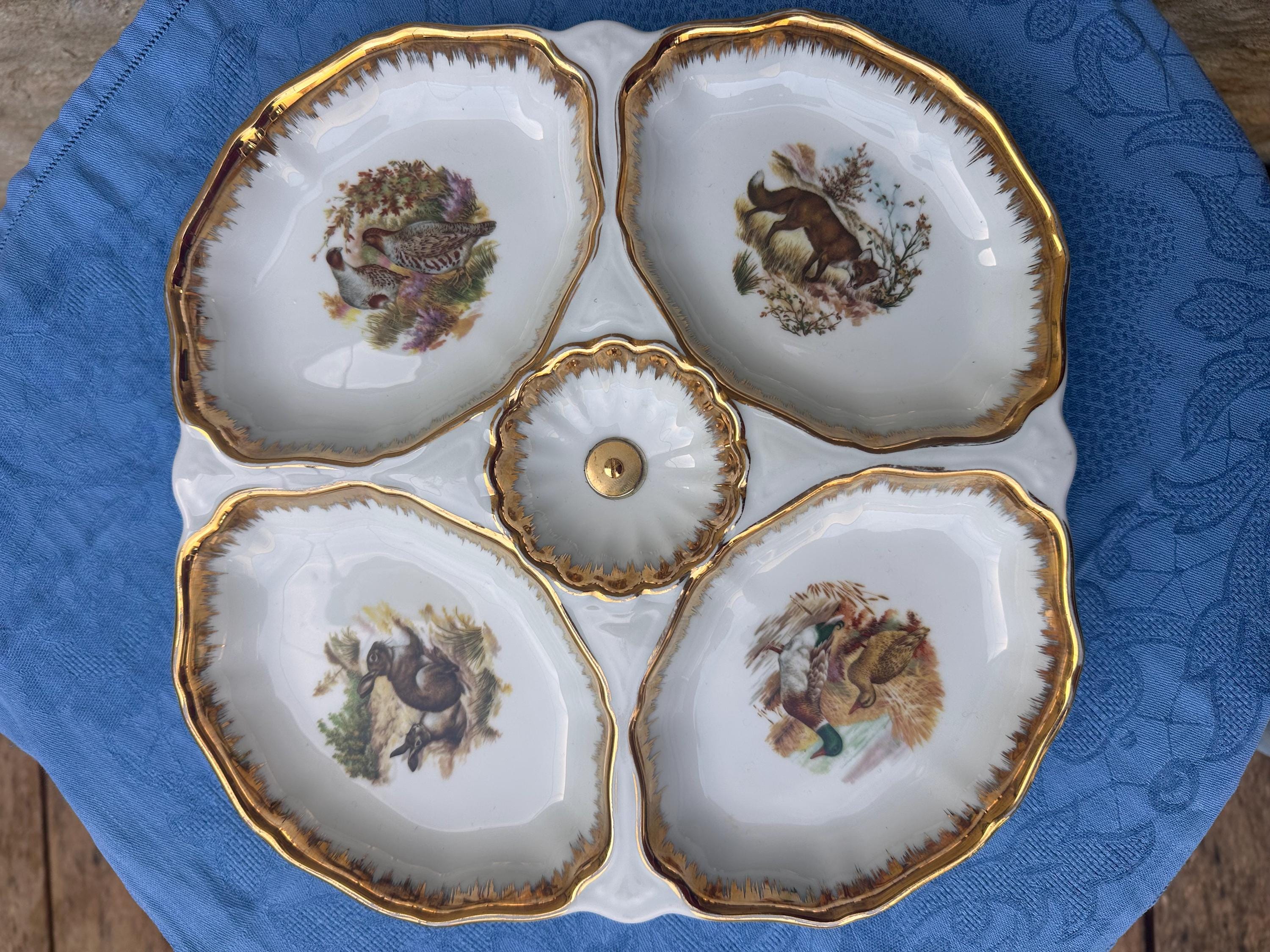 Divided Serving Dish French Porcelain SP – Game & Wildlife Decor – Fine Gold Rim – Vintage Chic