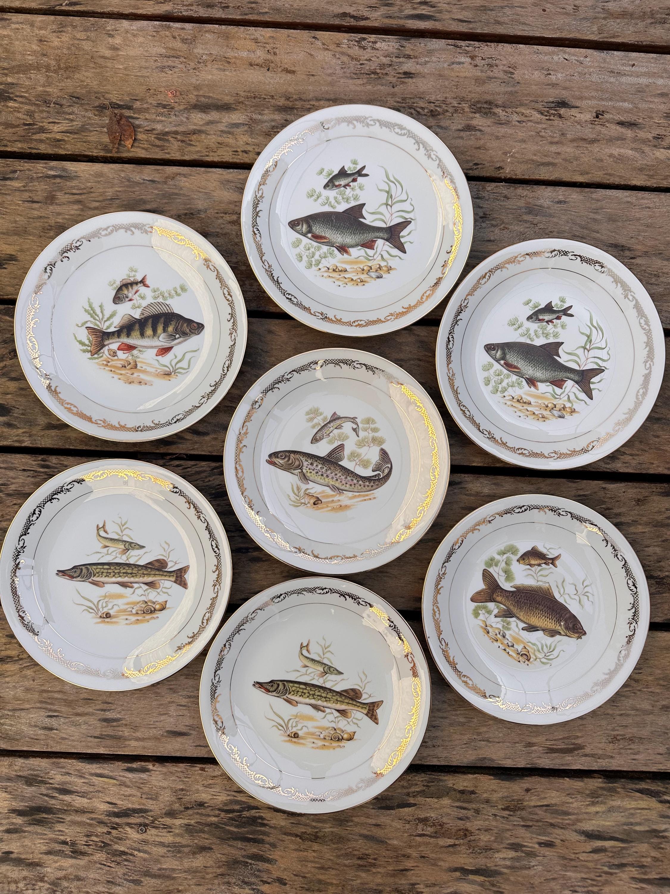 Vintage Limoges Porcelain Fish Plates – Limoges Enamel, Freshwater Fish Motif and Gilt Rim - Set of 7