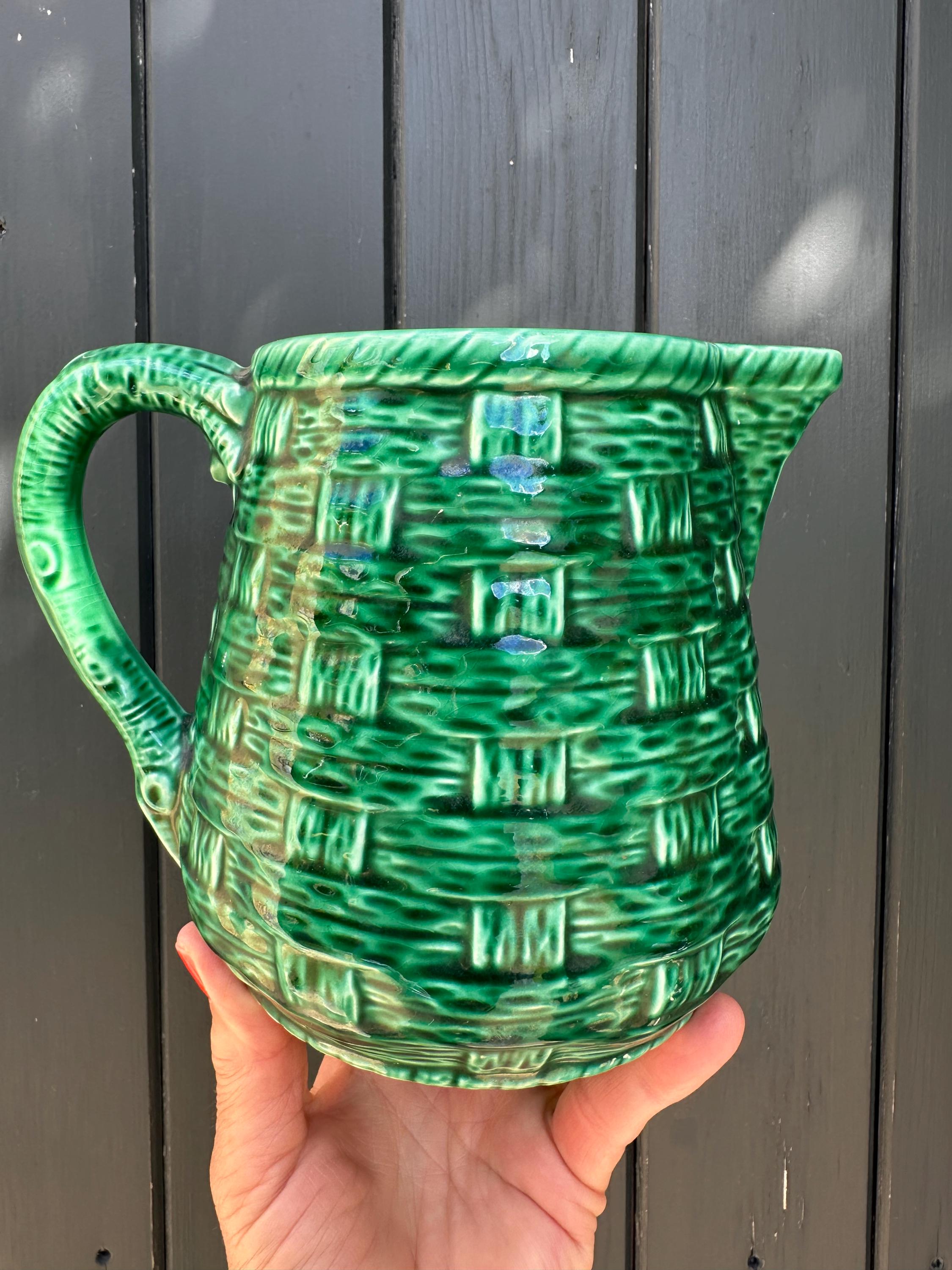 Digoin & Sarreguemines green enameled pitcher – Woven basket effect