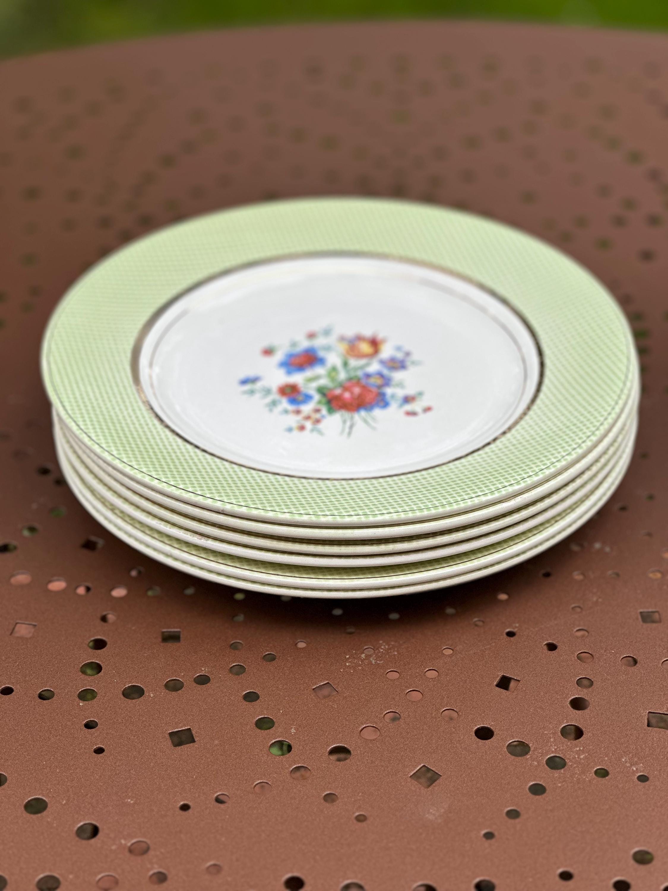 6 assiettes anciennes en Opaceline de Salins – Bordure Vichy