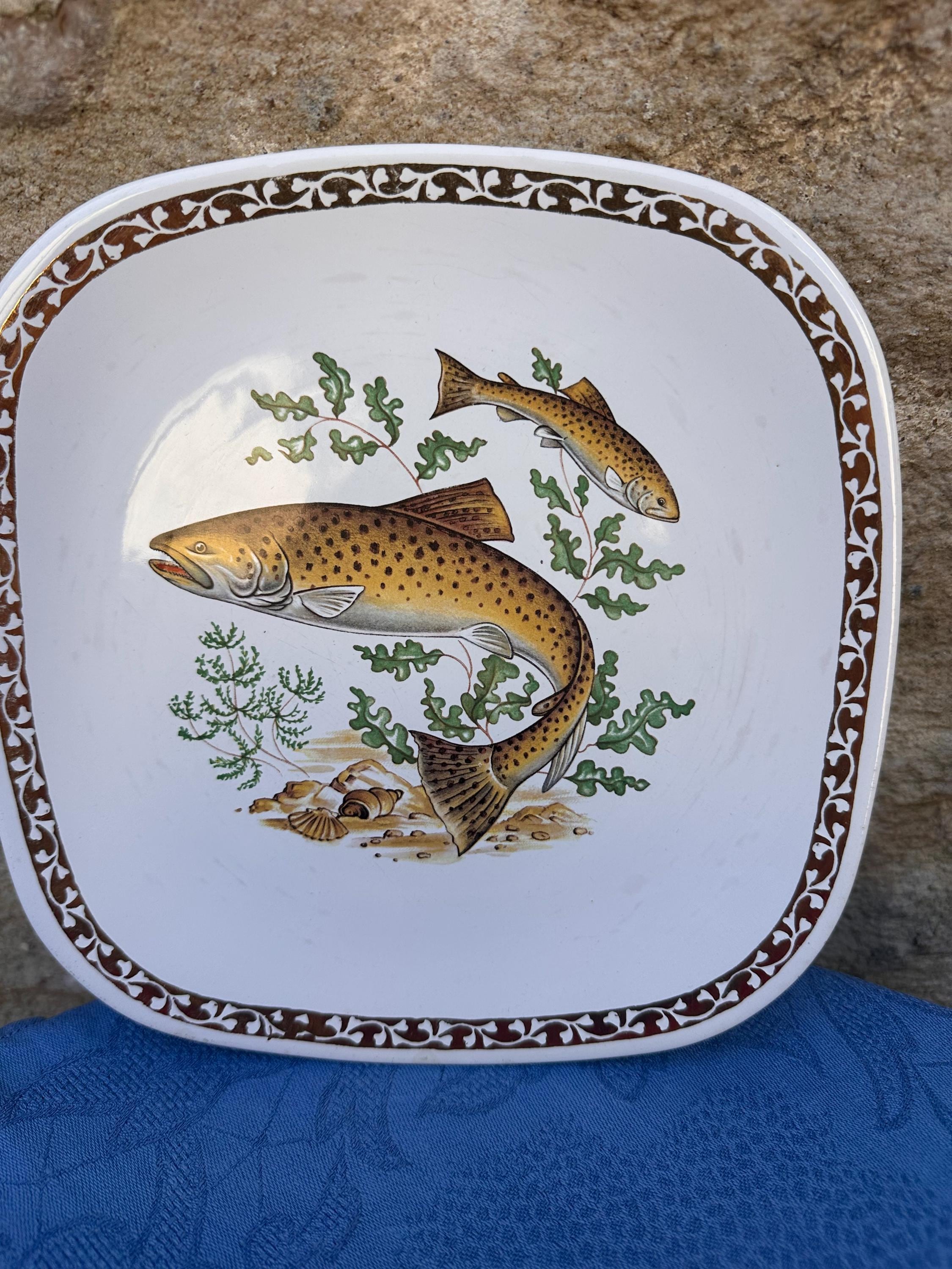 Set of 5+1 Longchamp Square Fish Plates, Porcelain and Gilding