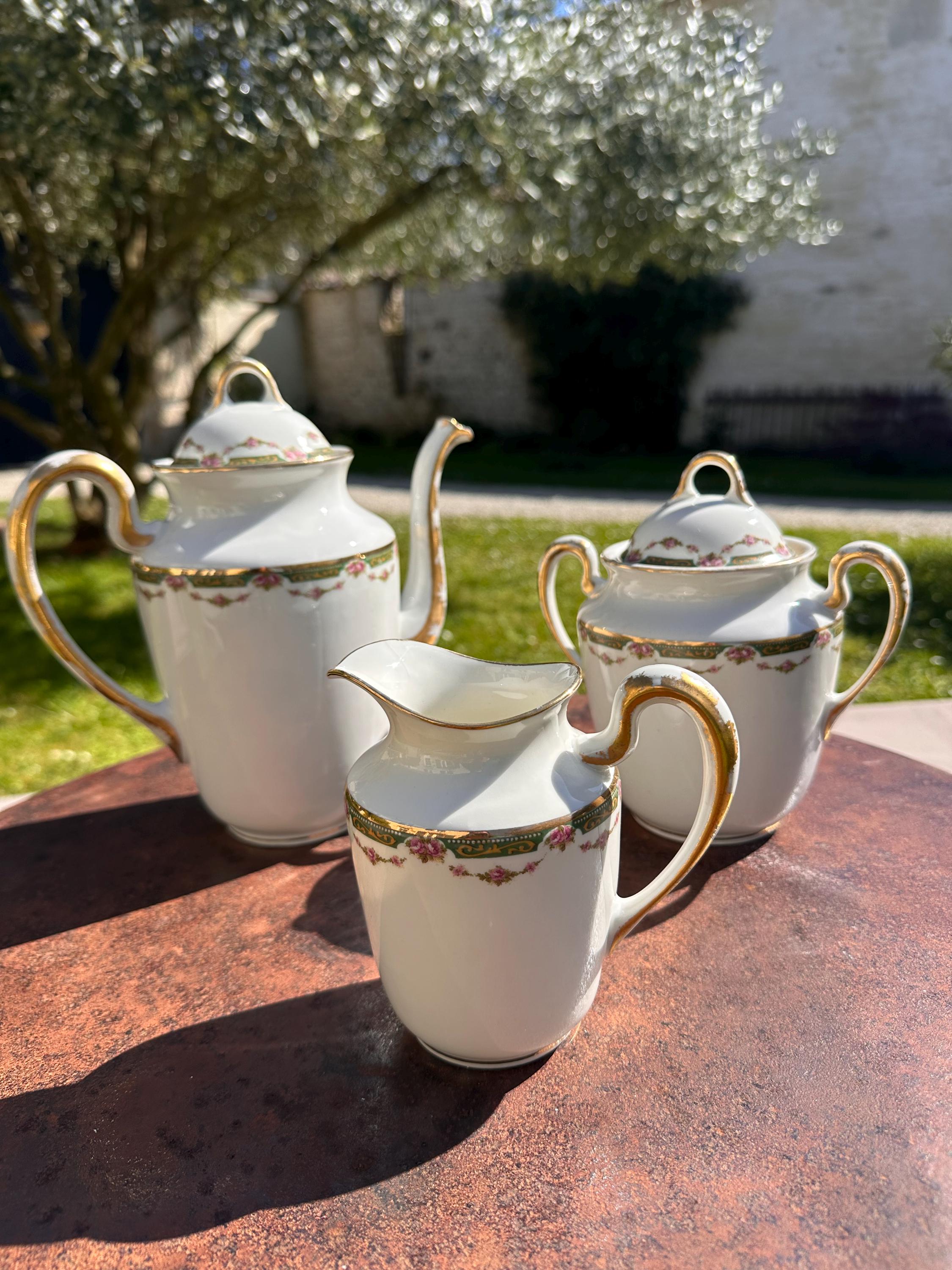 Paul Pastaud Limoges Porcelain Coffee Set, Roses & Gold (Set of 3)
