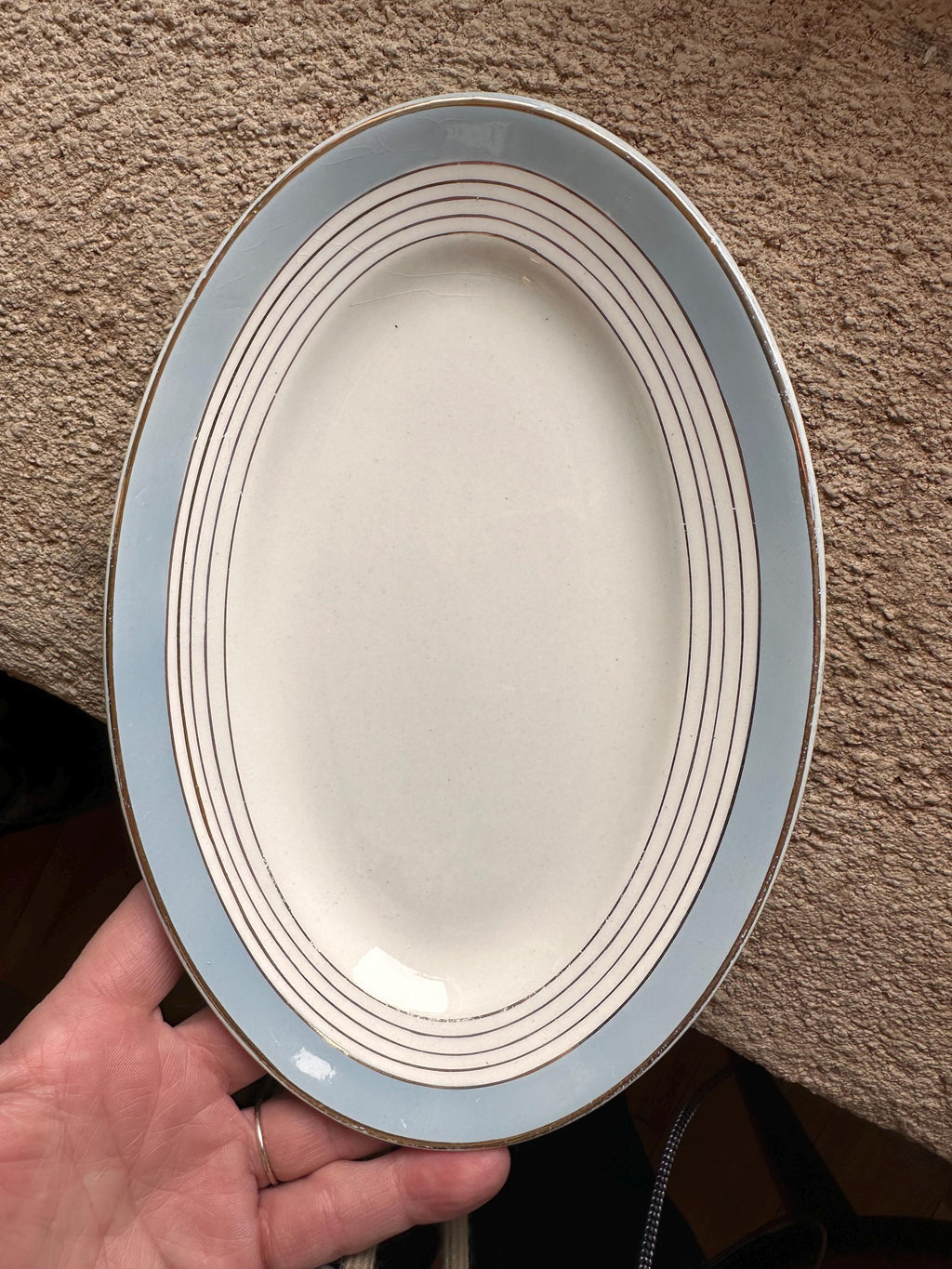 Raviers coupelles Vintage Lunéville K&G – Modèle Art Déco Demi-Porcelaine à Filets Or et Bande Bleue – France, Années 30/40 - lot de 2