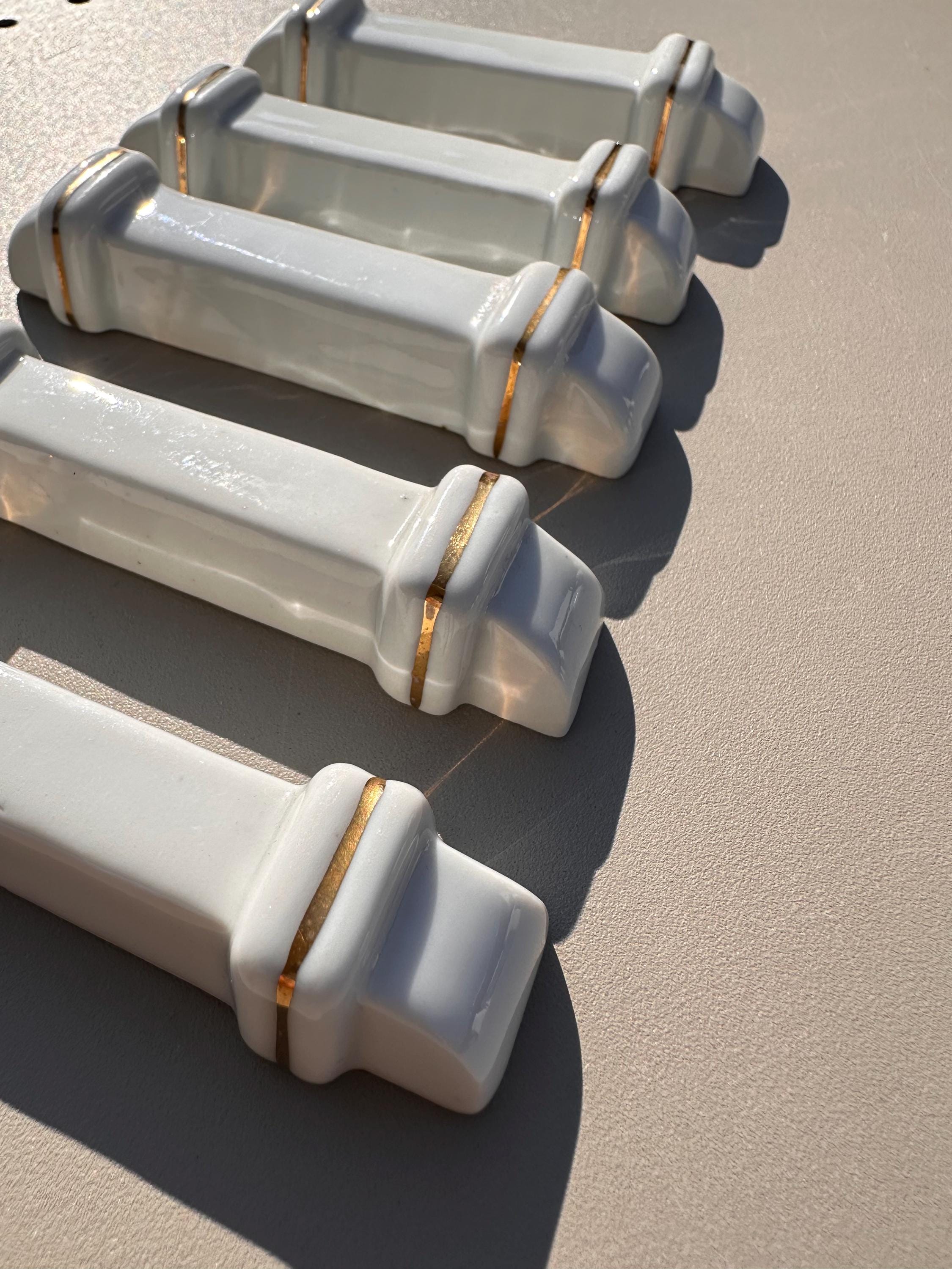 Set of 5 Vintage White and Gold Porcelain Knife Rests – Wedding Table