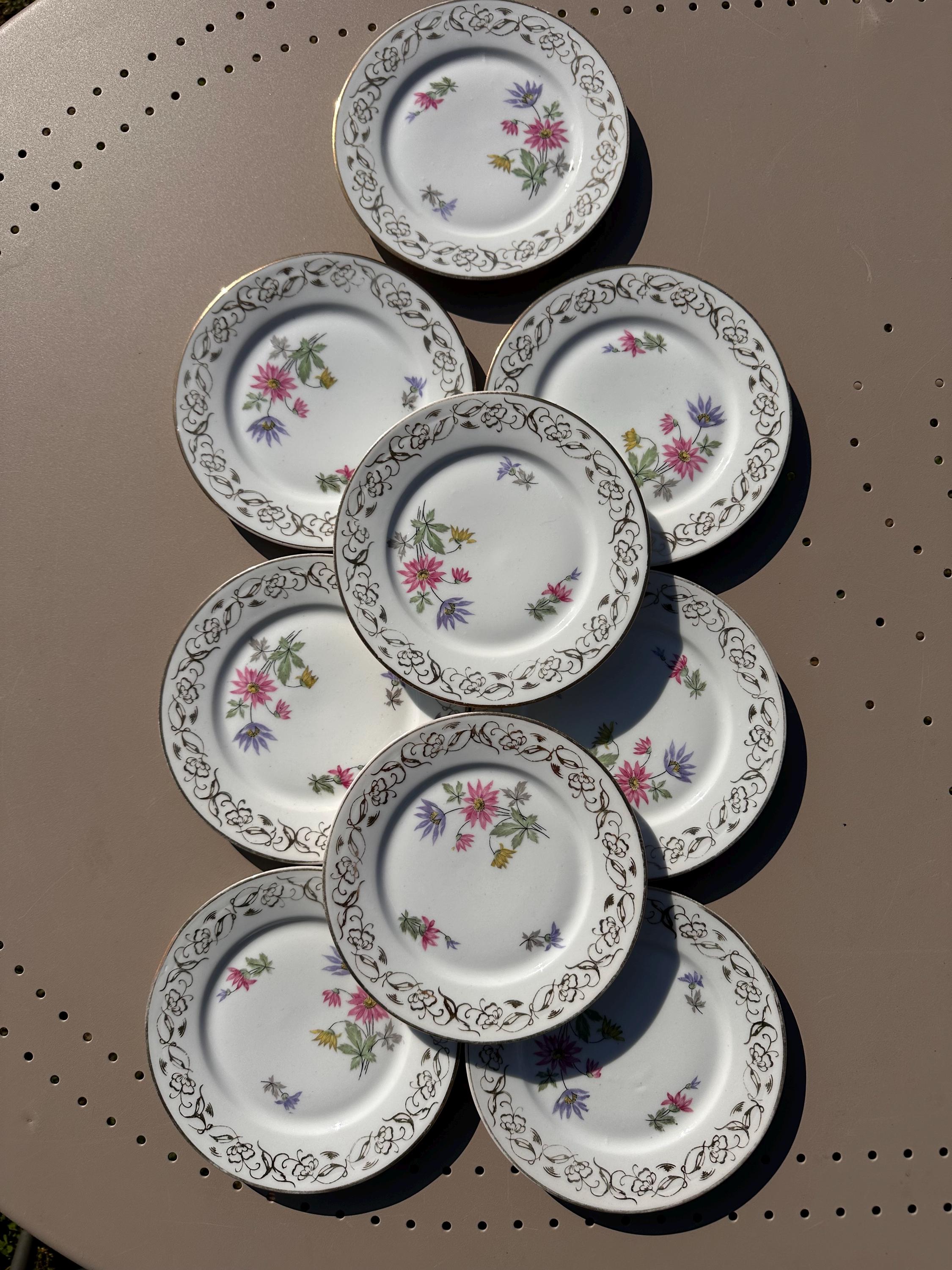 Small Dessert Plates - Limoges Porcelain - Émaux de Mehun - Pink, Blue and Pale Yellow Floral Design - Gold - Vintage France - Set of 8