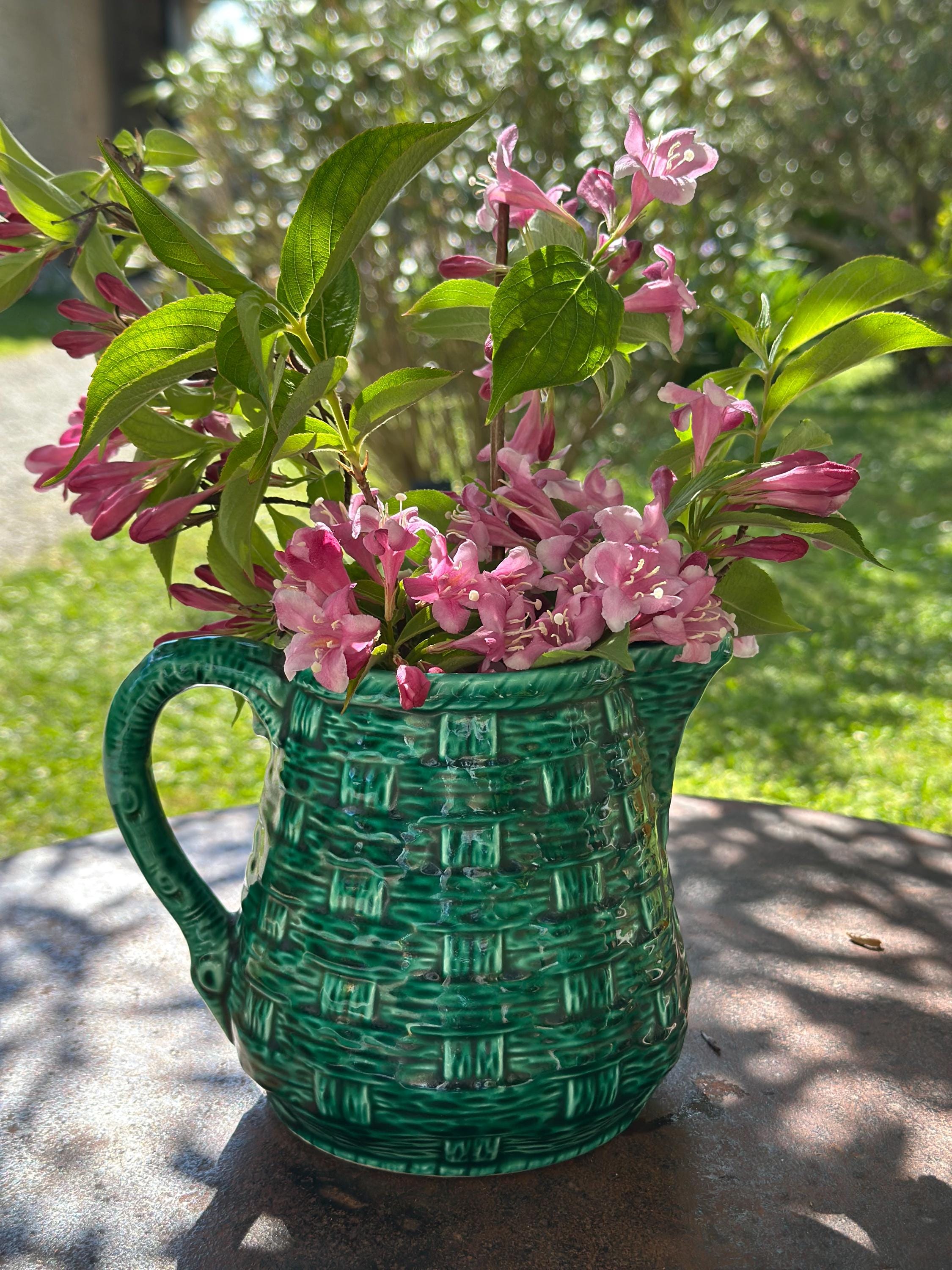 Digoin & Sarreguemines green enameled pitcher – Woven basket effect