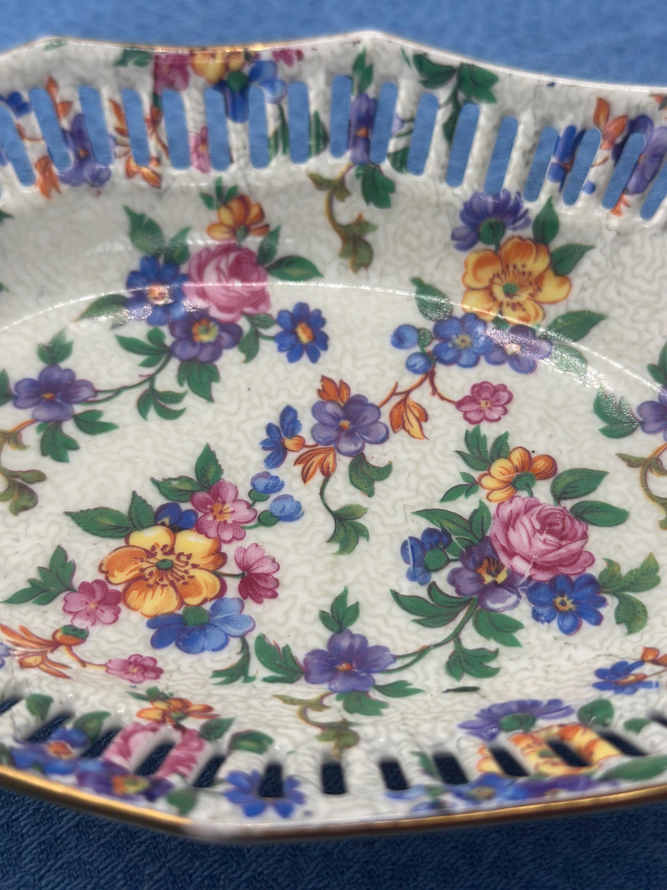 Friedrich Eger & Co. Martinroda Thuringia Vintage 1910 Shabby Chic Pierced Porcelain Dish with Flowers and Gold - Trinket Dish