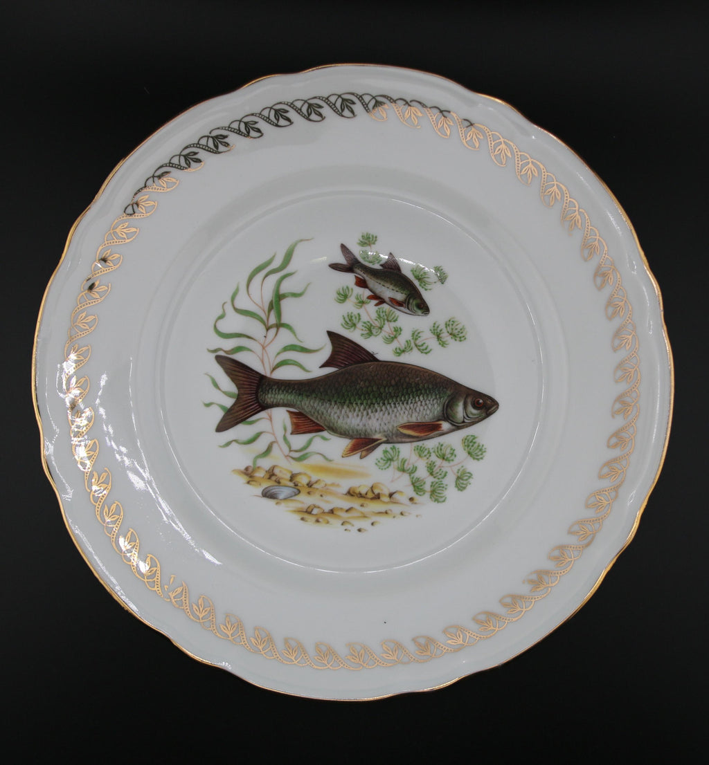 Lot de 3 Assiettes à Poisson Vintage "Le Monde Aquatique", Porcelaine Fine et Dorure