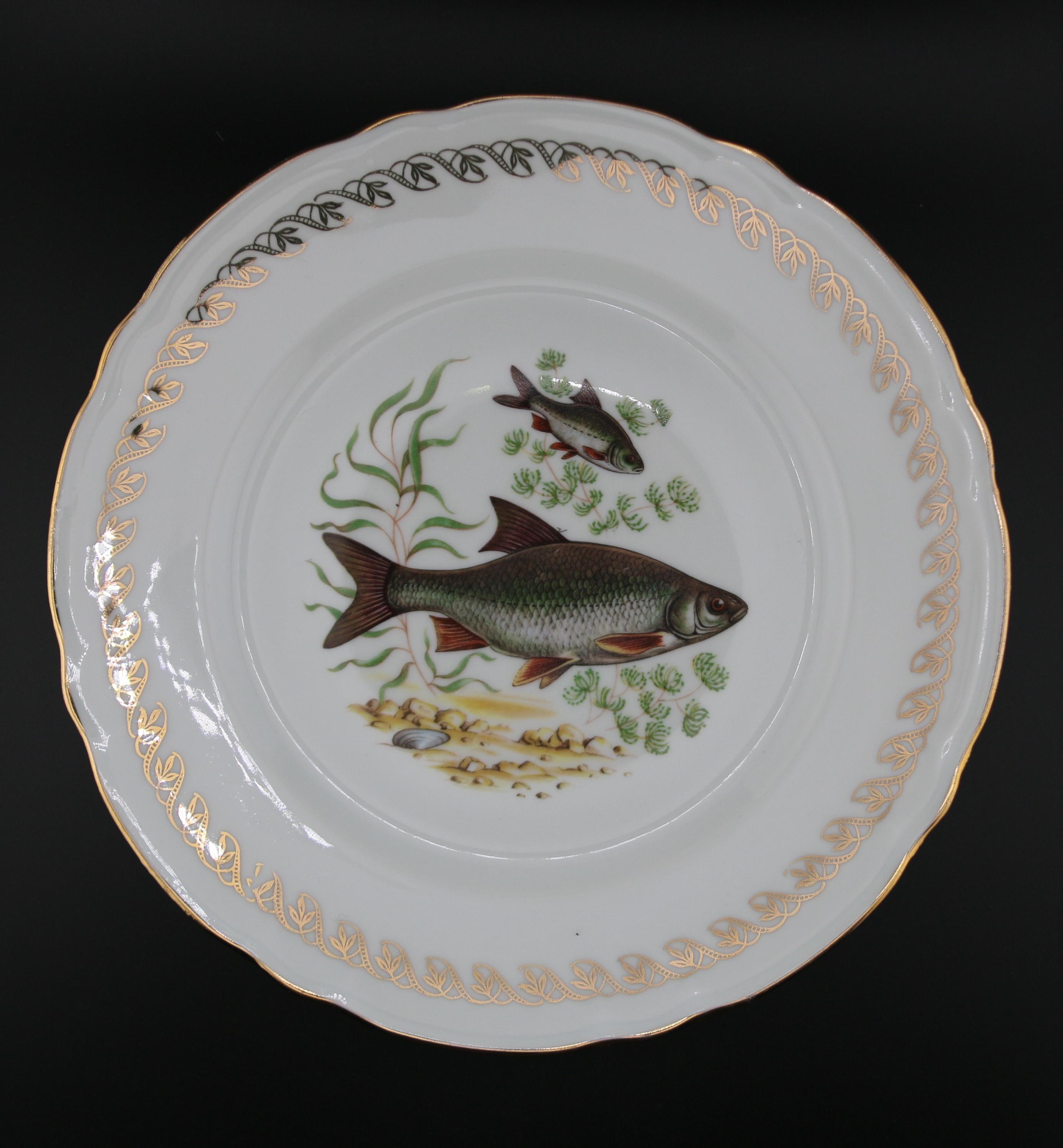 Lot de 3 Assiettes à Poisson Vintage "Le Monde Aquatique", Porcelaine Fine et Dorure