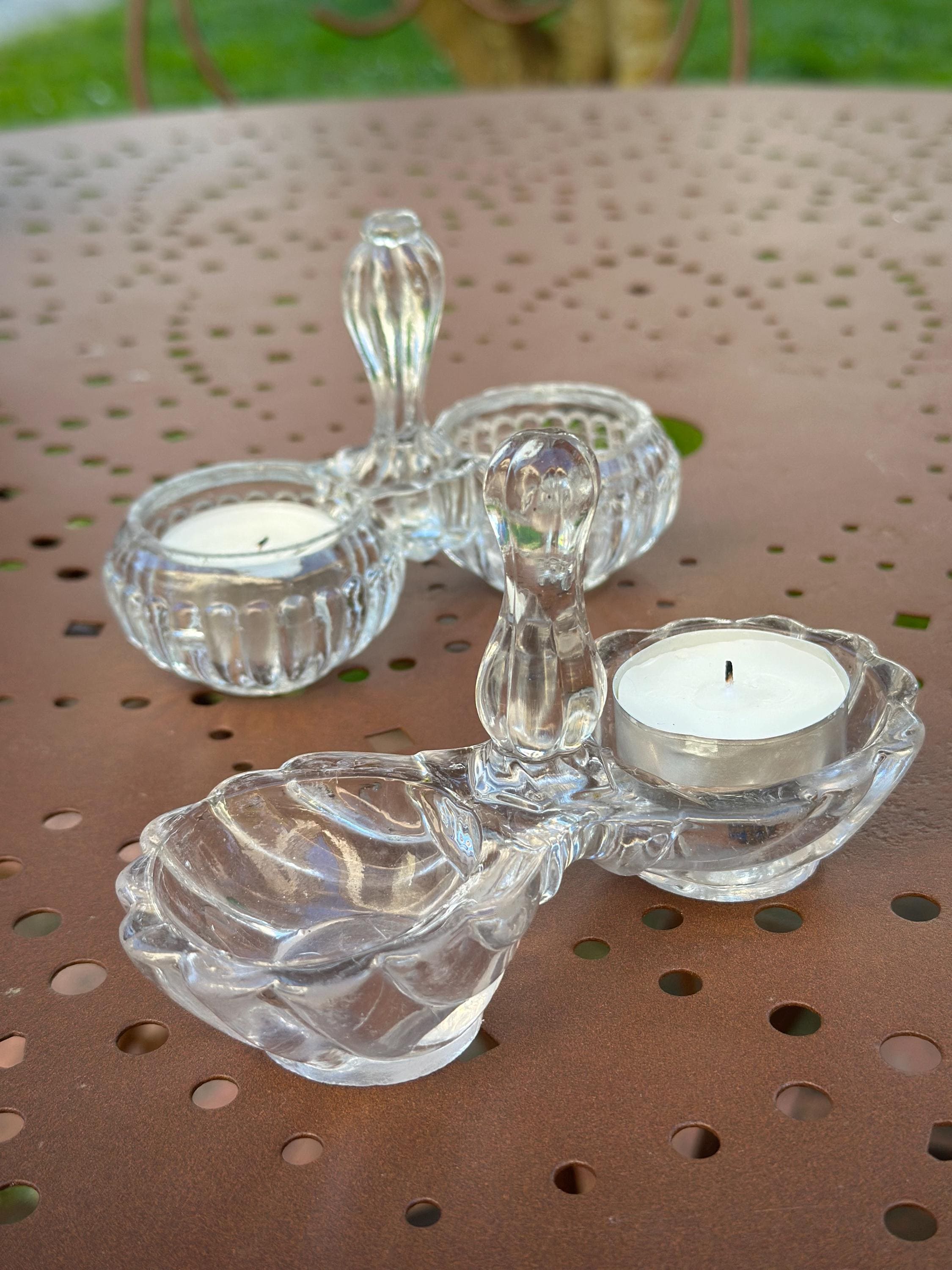 Paire de Salières Doubles en Verre Moulé Portieux – Bougeoirs de Table Rétro