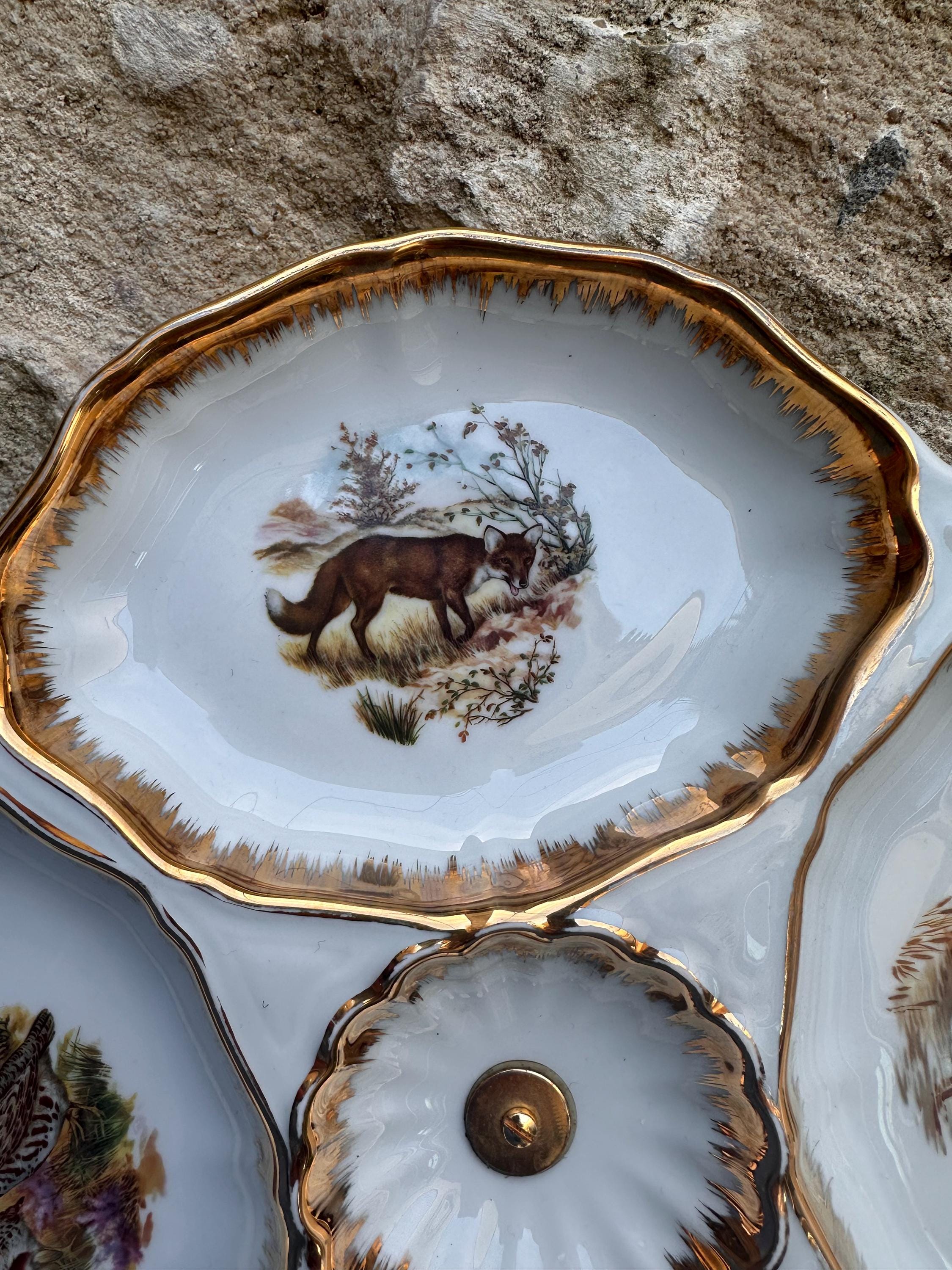 Divided Serving Dish French Porcelain SP – Game & Wildlife Decor – Fine Gold Rim – Vintage Chic