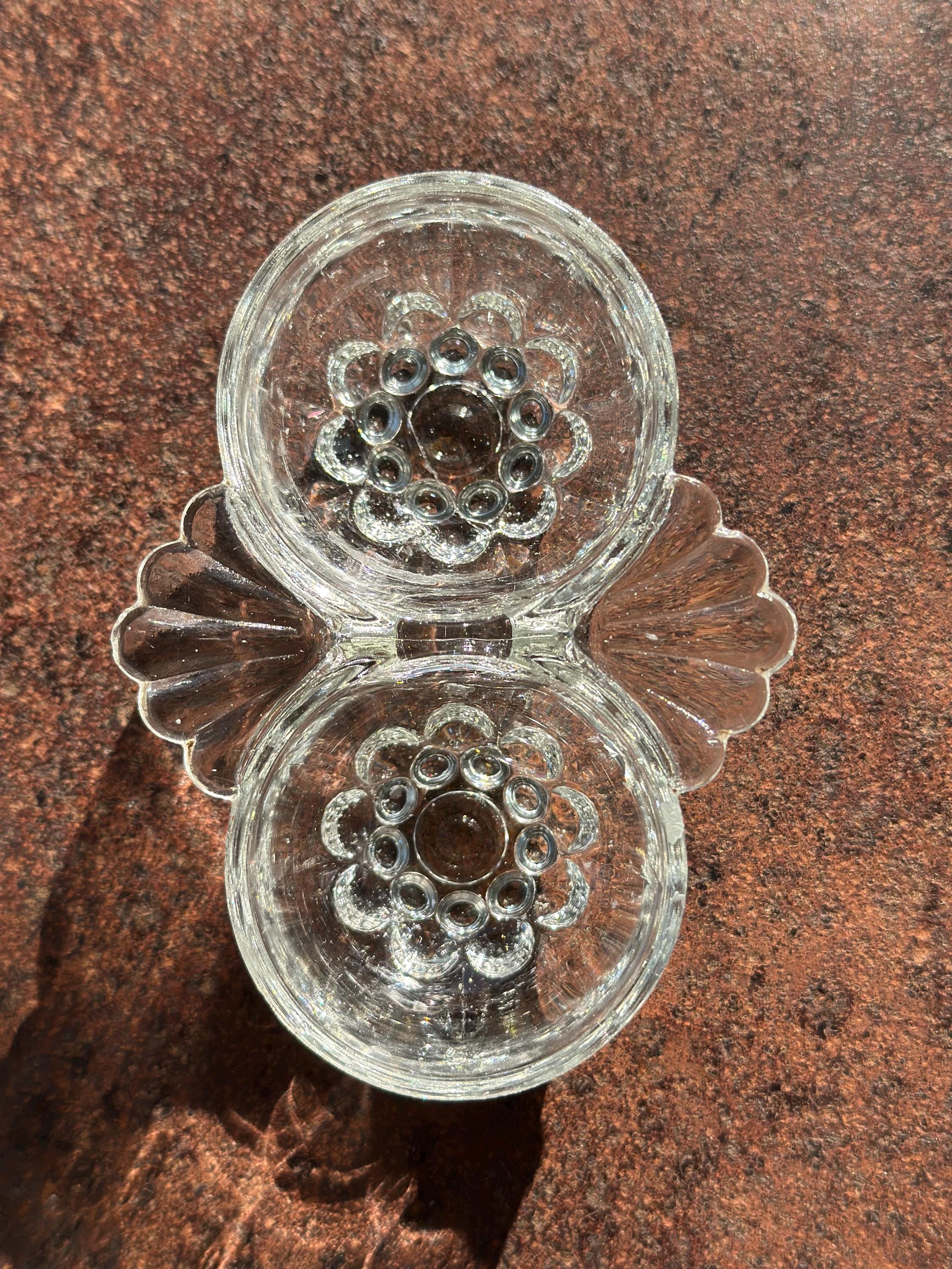 Salières Doubles Anciennes en Verre Moulé - Détournables en Bougeoirs de Table - Style Art Déco -Pointes de Diamant-Hobnail - lot de 2
