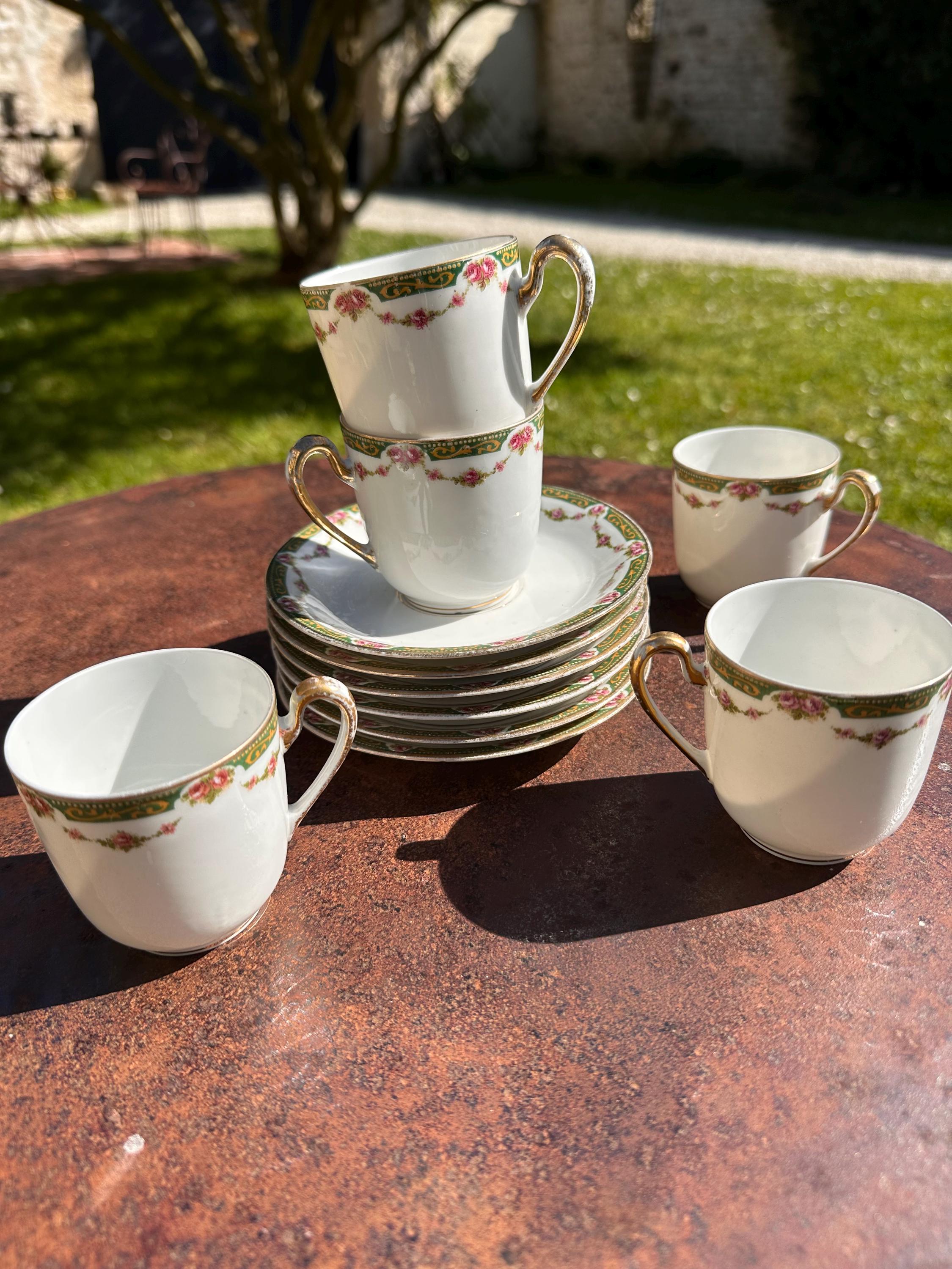 Limoges porcelain coffee set M&D Paulhat – Rose and gold decor