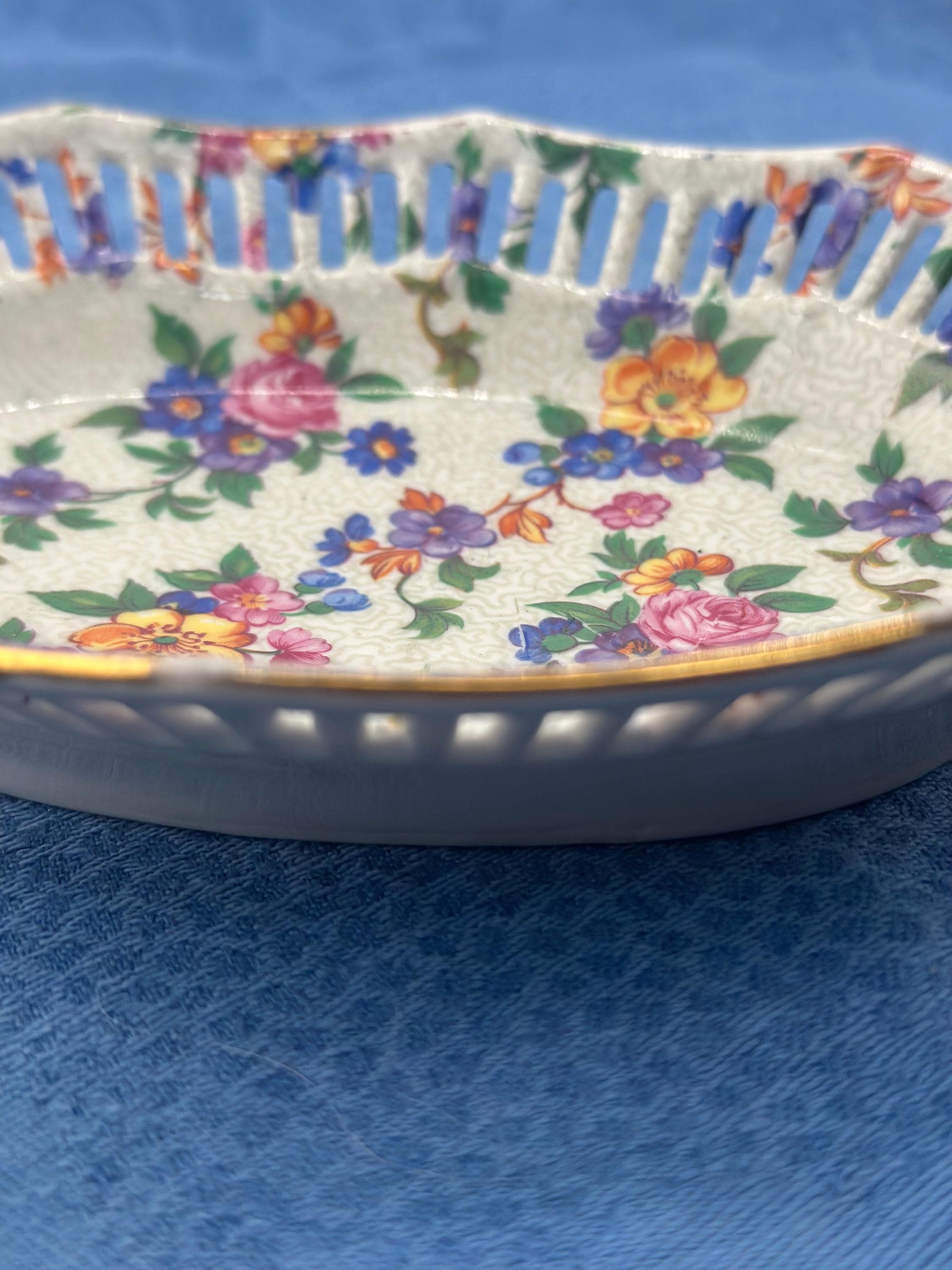 Friedrich Eger & Co. Martinroda Thuringia Vintage 1910 Shabby Chic Pierced Porcelain Dish with Flowers and Gold - Trinket Dish