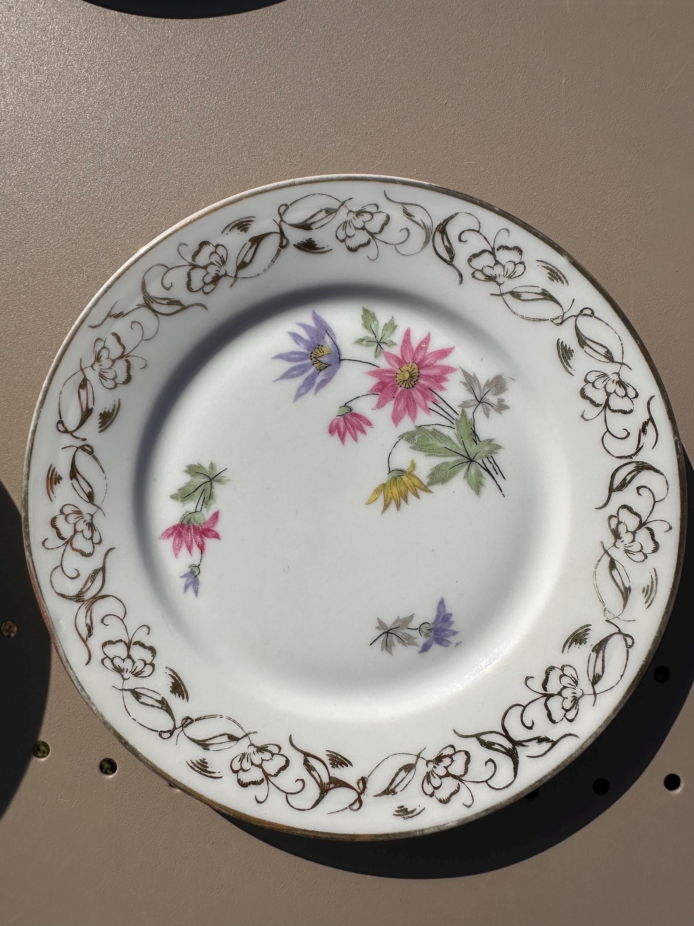 Small Dessert Plates - Limoges Porcelain - Émaux de Mehun - Pink, Blue and Pale Yellow Floral Design - Gold - Vintage France - Set of 8