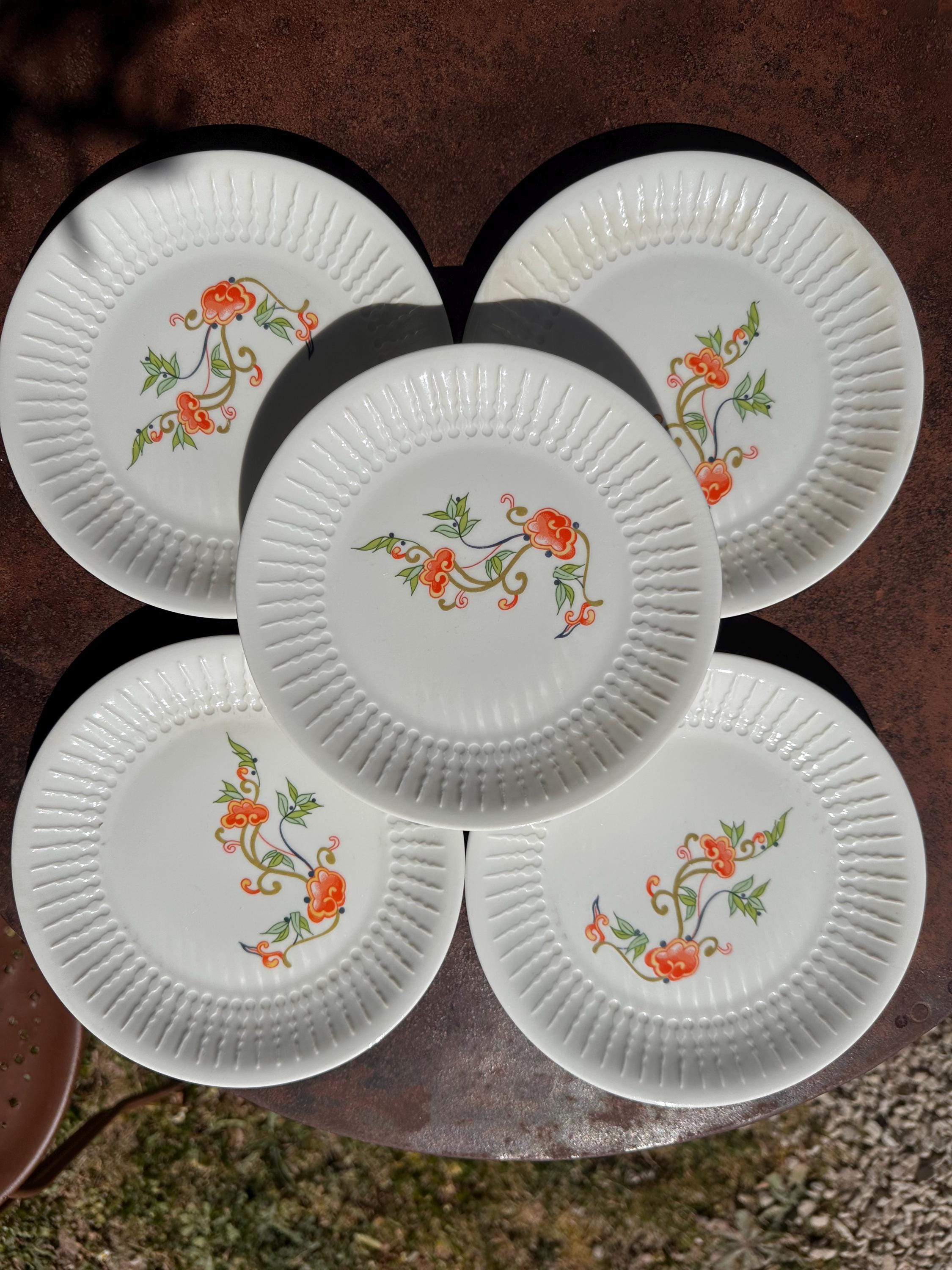 Set of 5 Chauvigny FD Dessert Plates, Vintage Fluted Rim Porcelain